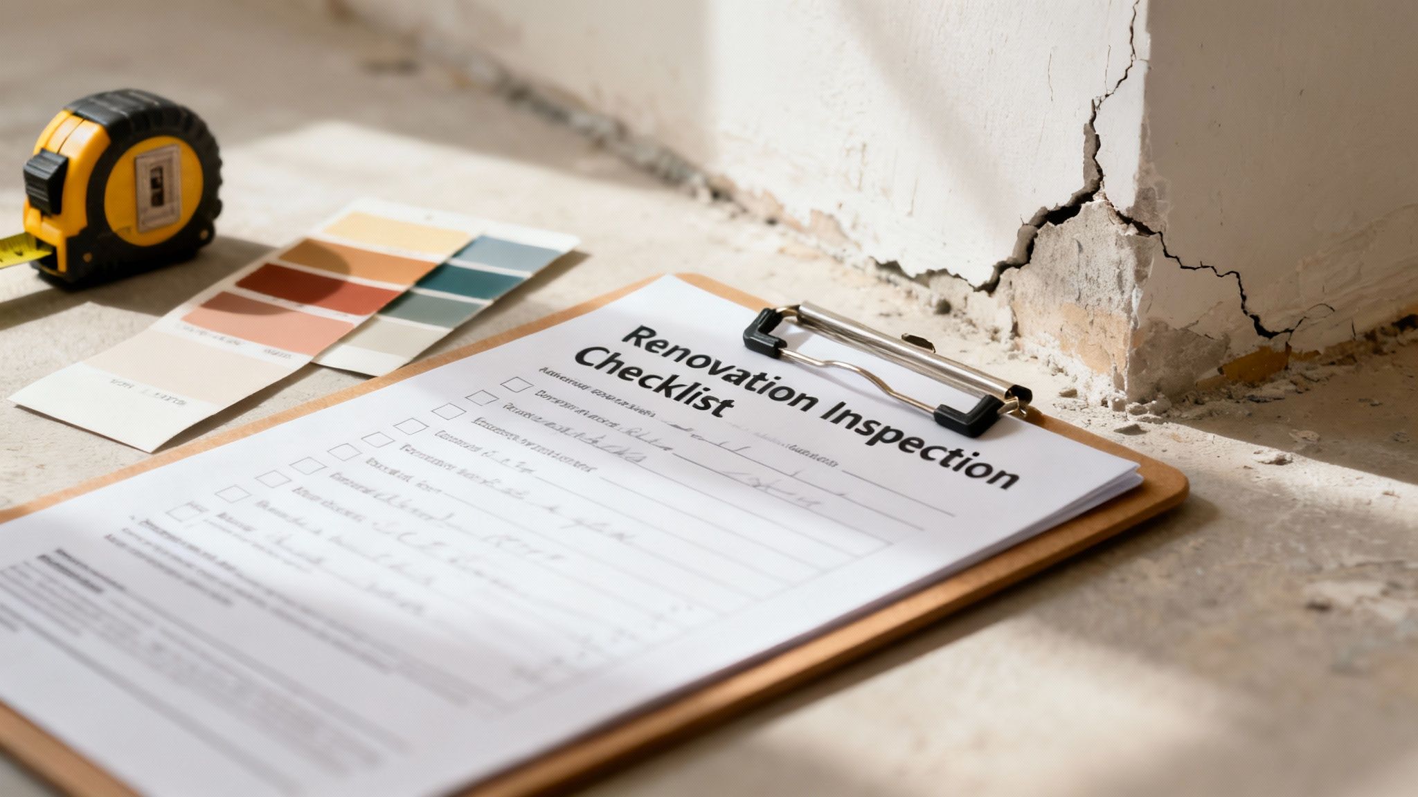A renovation inspection checklist, color palette, and measuring tape on a floor next to a cracked wall.