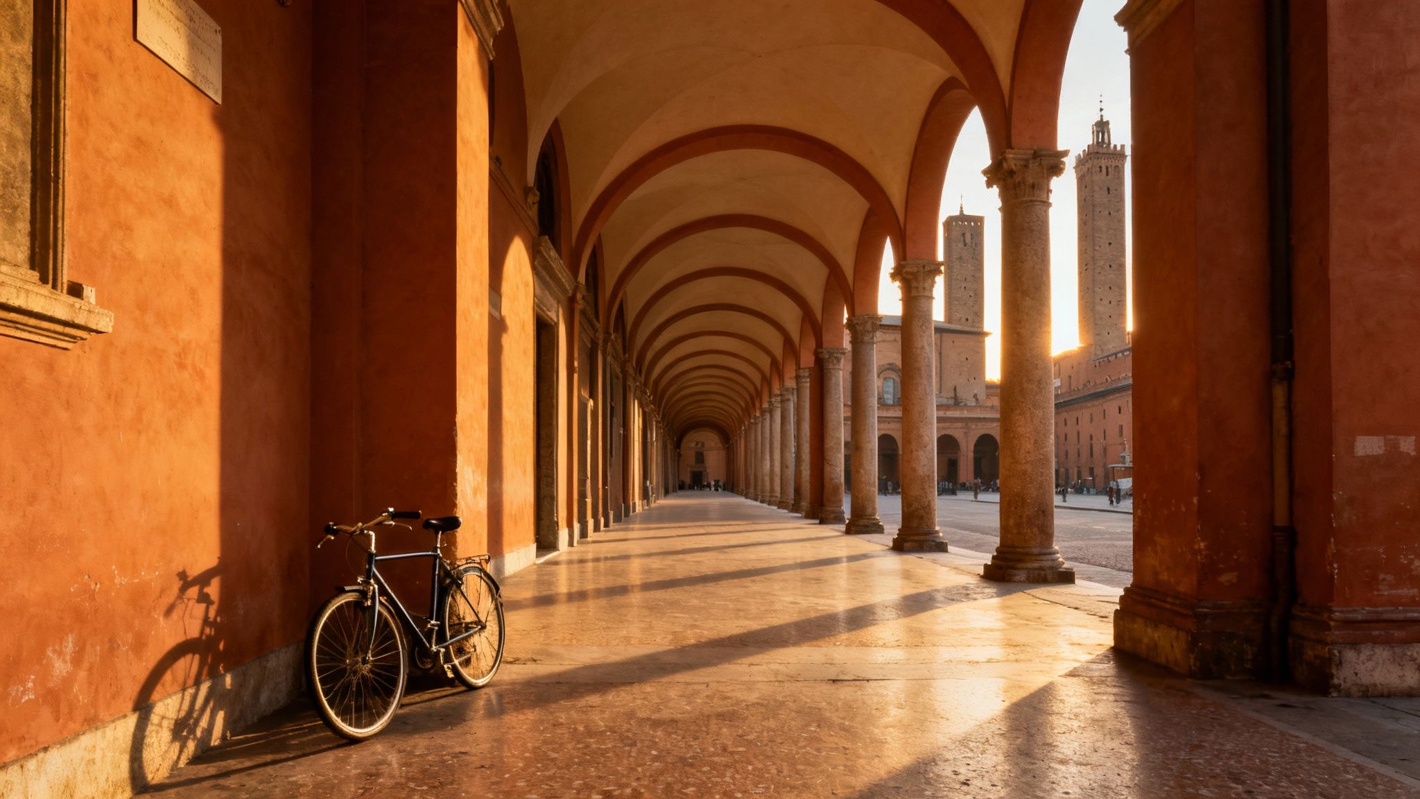 A bicycle rests under a sunlit portico in Bologna, Italy, with historic towers visible in the warm glow.