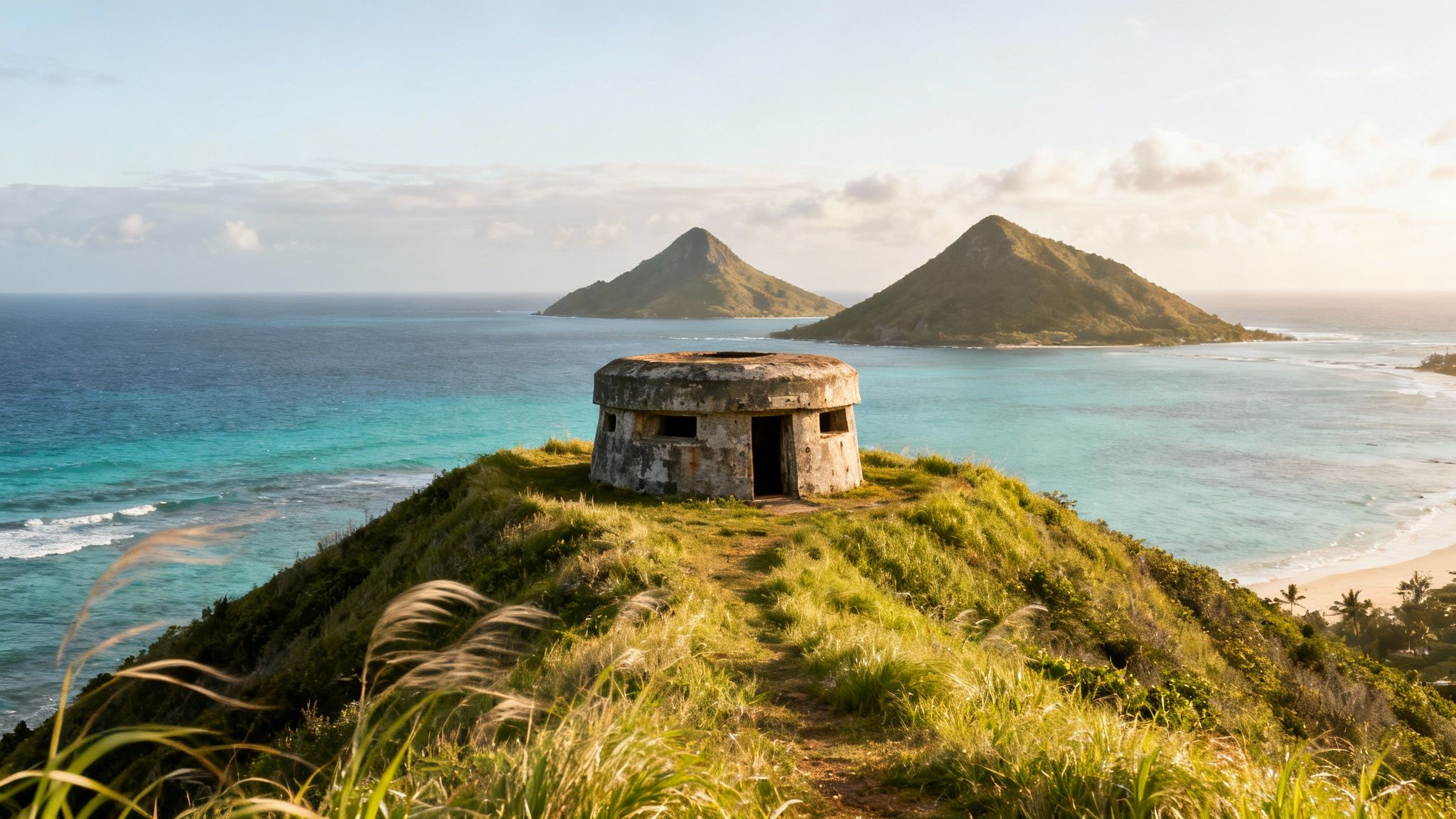 An old concrete bunker on a grassy hill overlooking a turquoise ocean and distant islands in Hawaii.