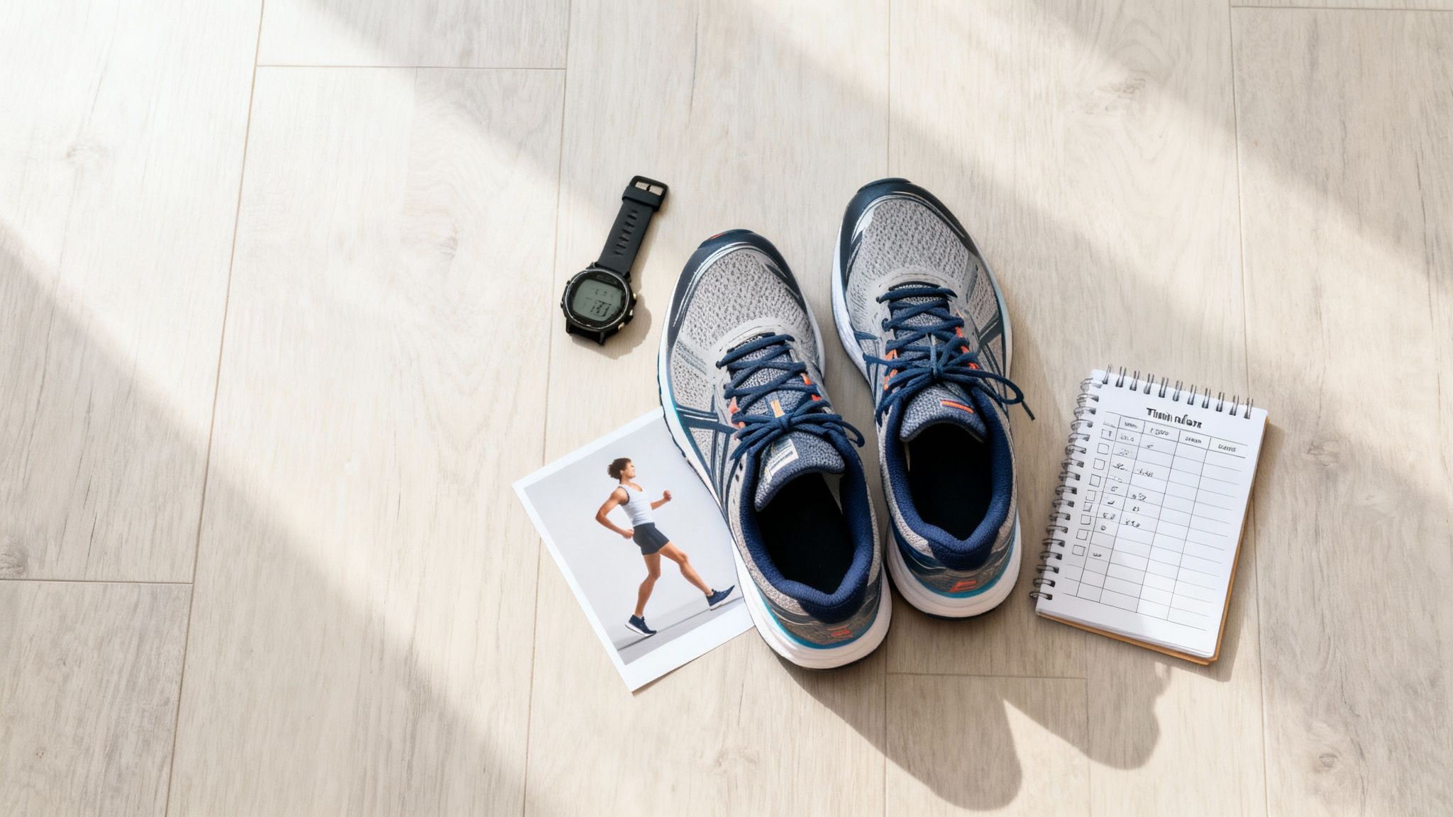 Flat lay of running shoes, a fitness watch, a training plan, and a runner's photo on a light wooden floor.