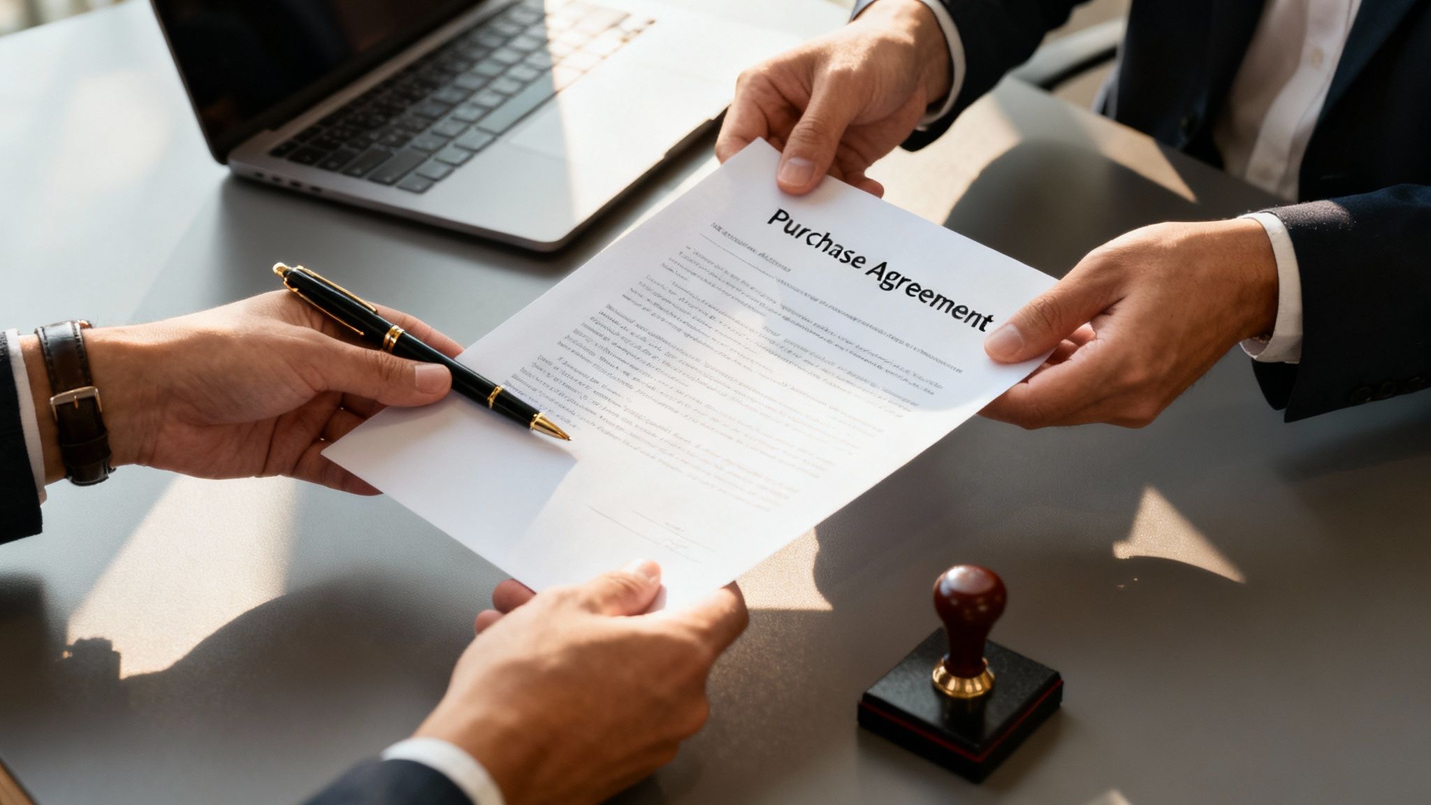 Two business professionals exchanging a purchase agreement document with a pen on a desk.
