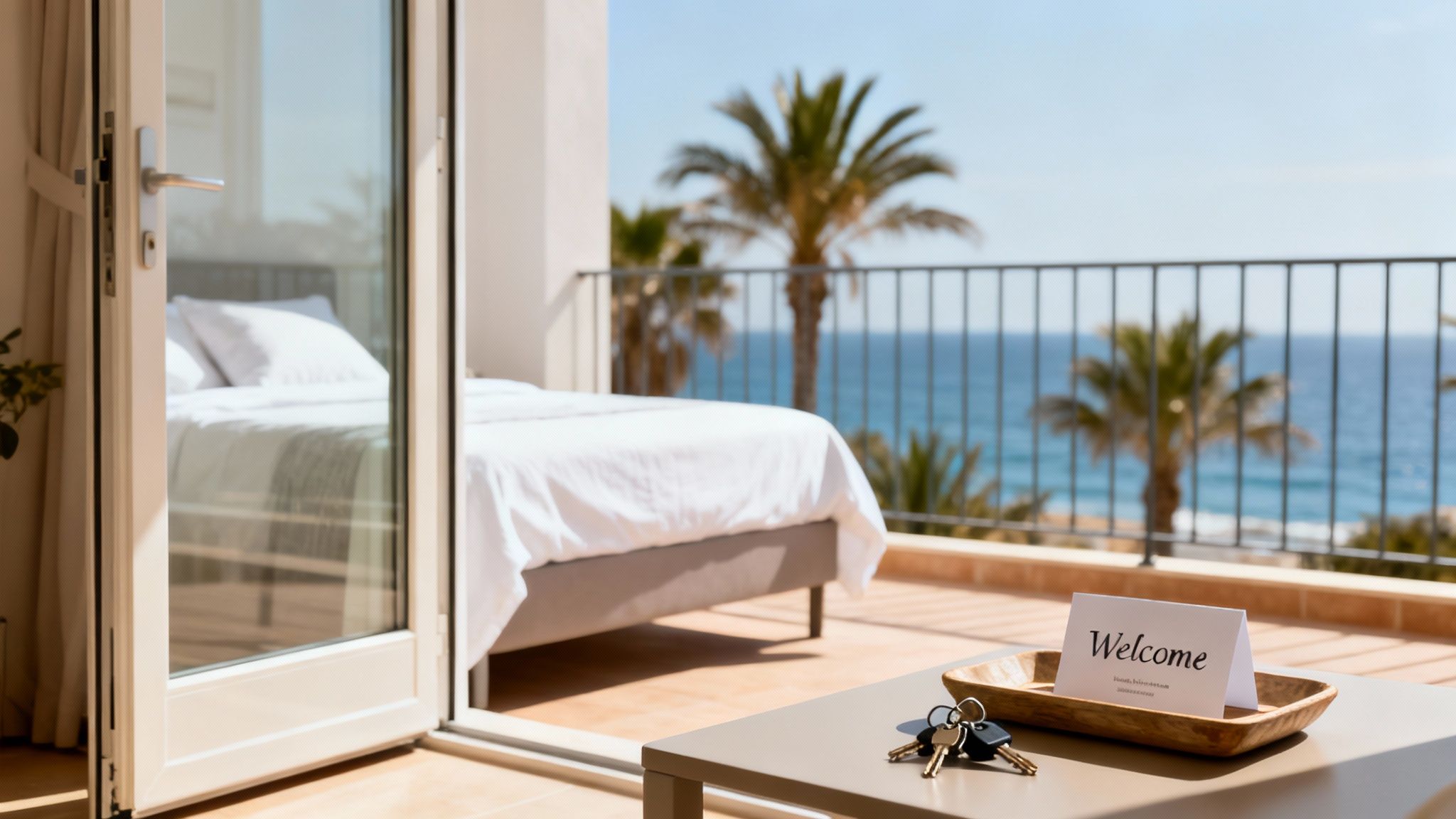 View from a hotel room balcony overlooking the ocean, with a welcome card and keys.