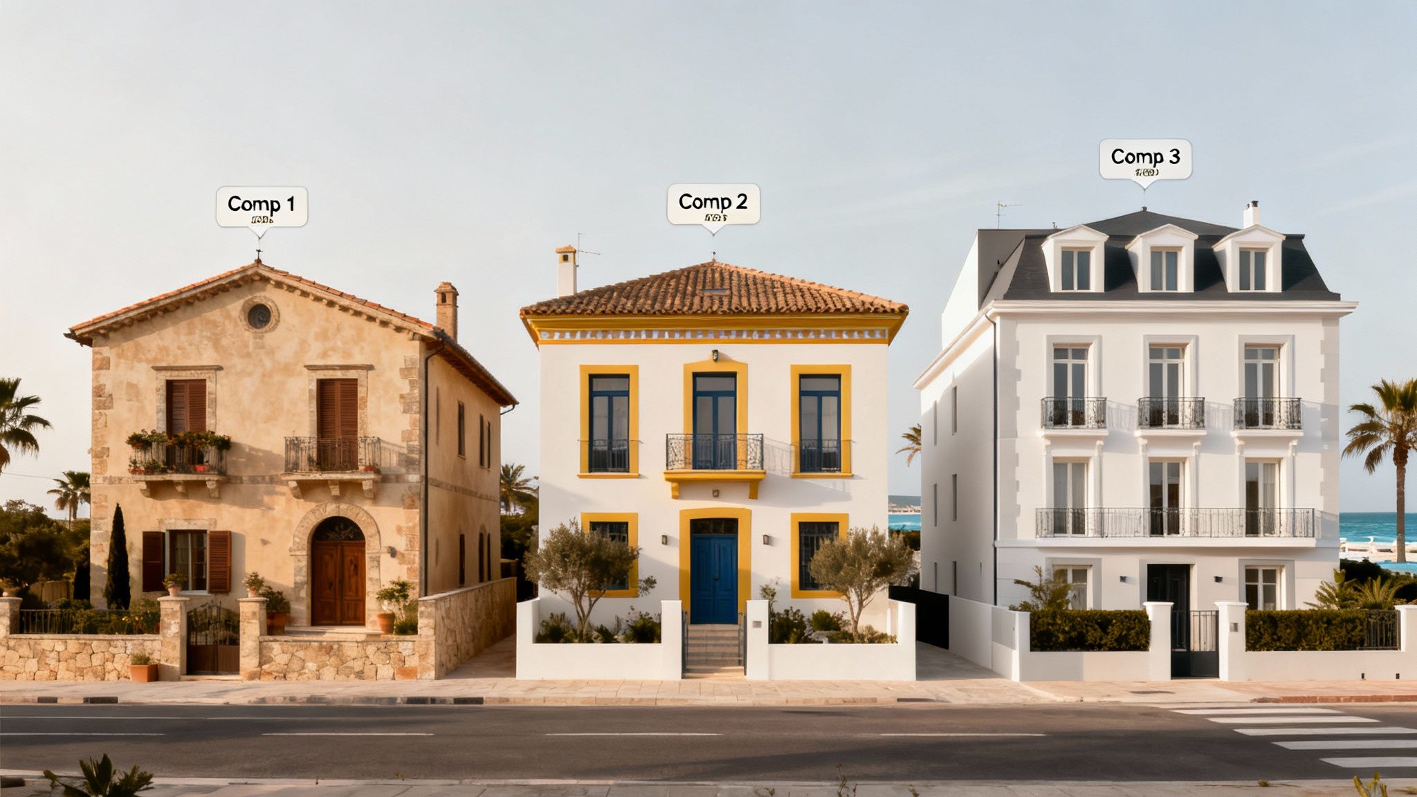 Three diverse residential houses on a street, showcasing different architectural styles and property types.
