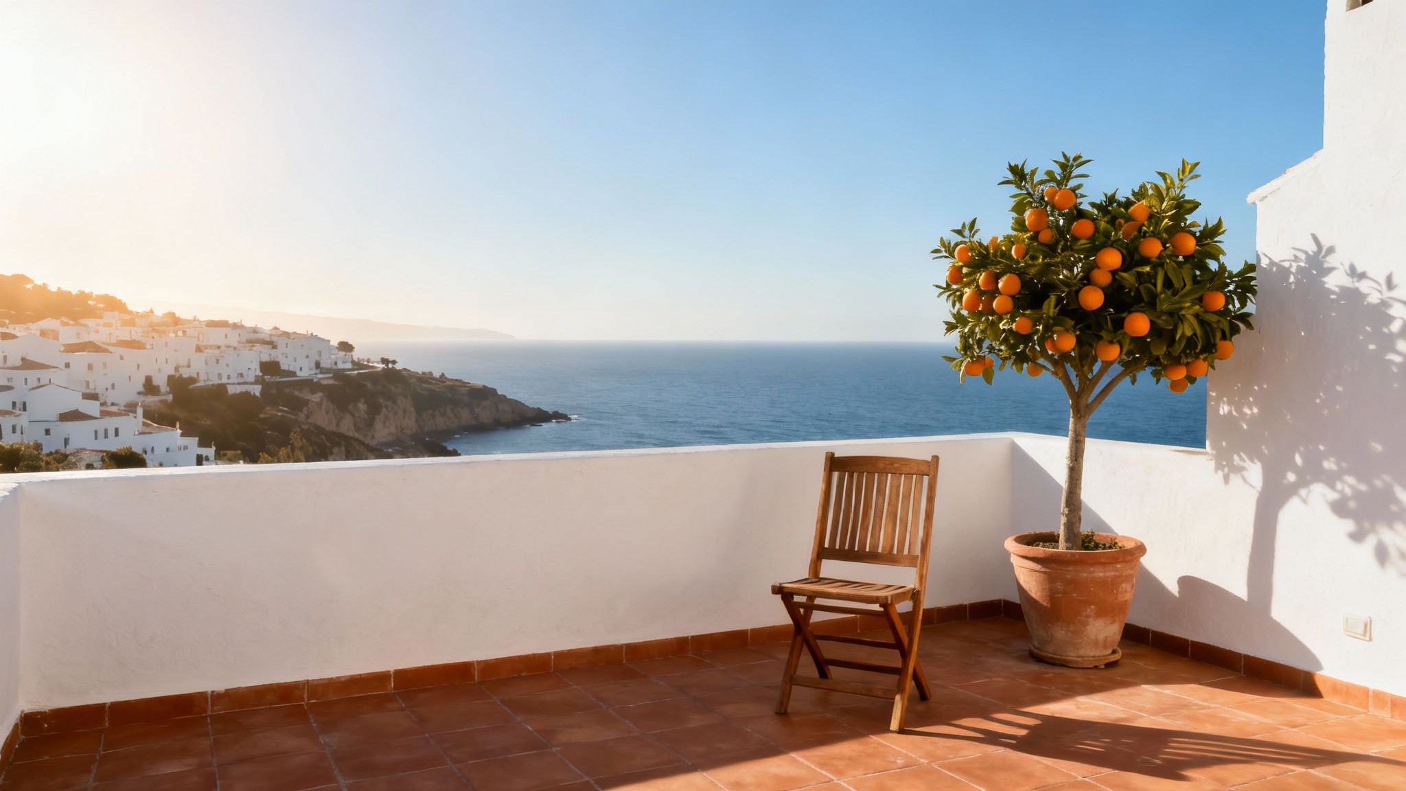 A vibrant orange tree and wooden chair on a sunny terrace overlooking a white village and blue Mediterranean sea.