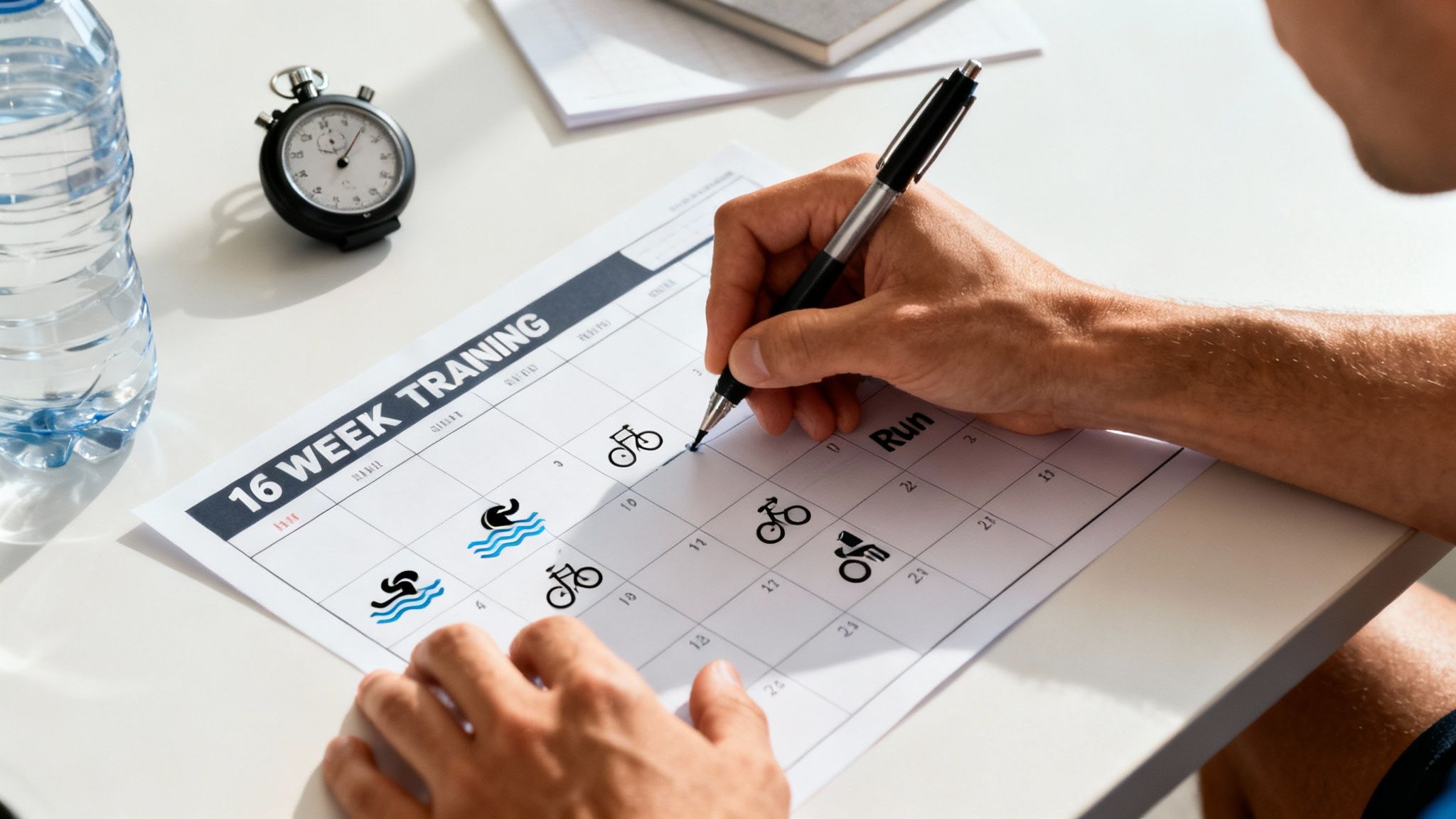 Athlete's hand marking a 16-week triathlon training plan with swim, bike, and run icons.