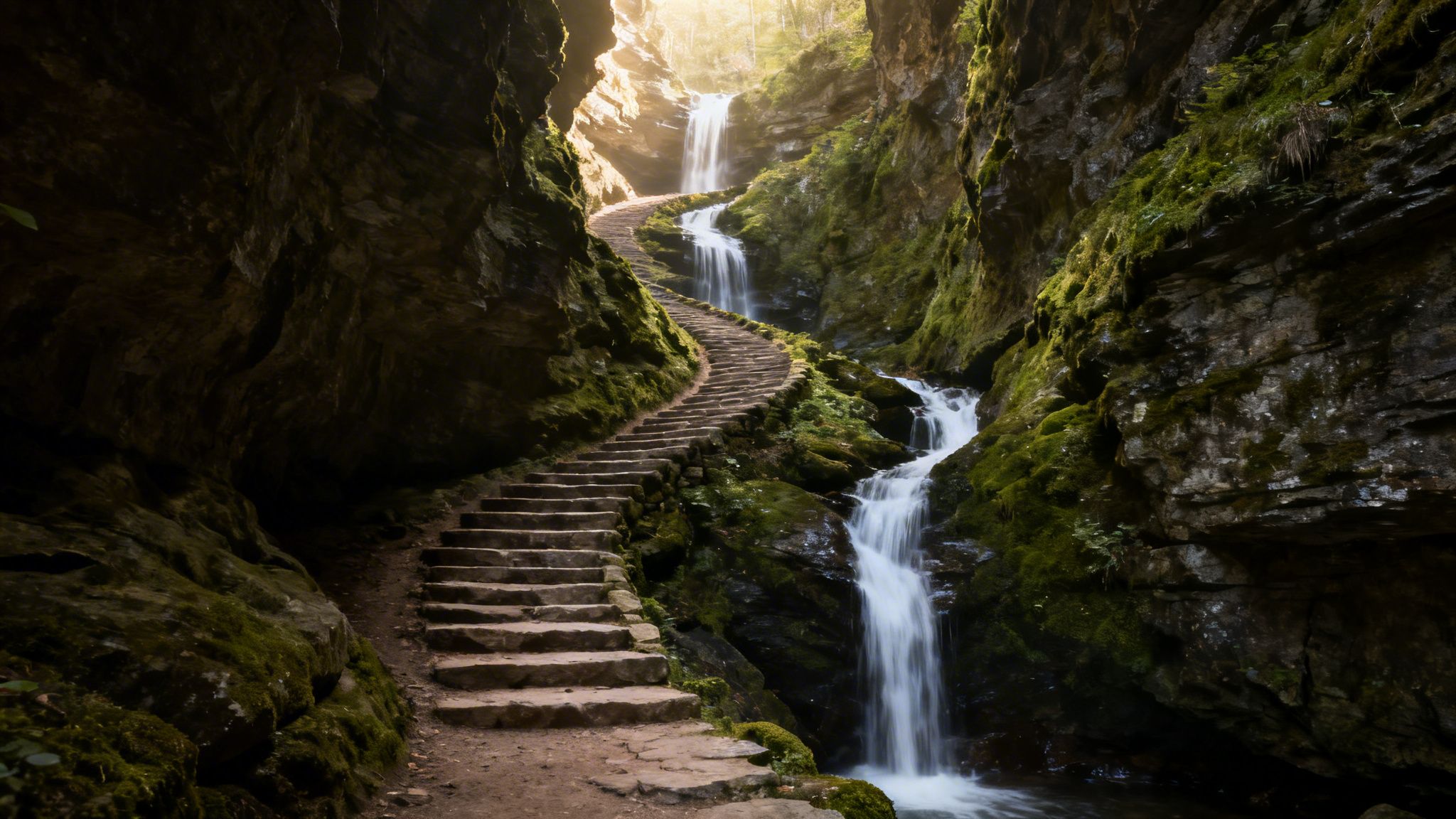 A winding stone staircase ascends a mossy gorge next to a cascading waterfall illuminated by sunlight.