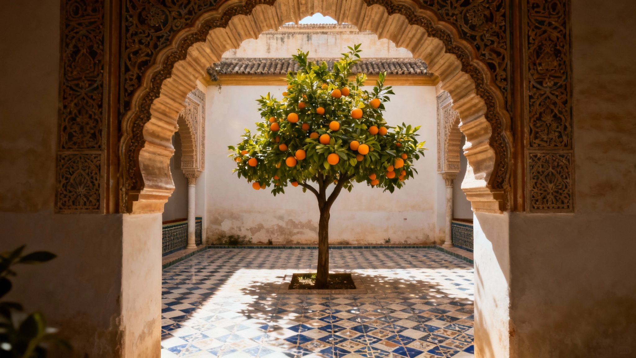 An orange tree laden with fruit in a beautiful, ancient Spanish courtyard with ornate arches and tiled floor.