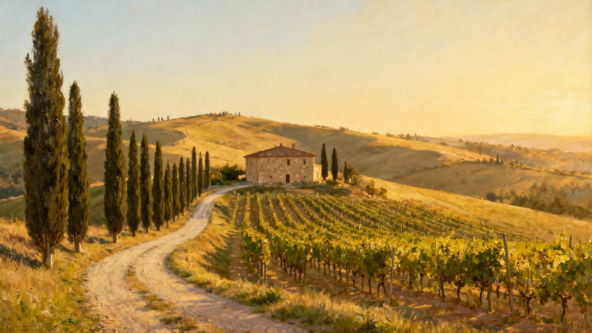 Idyllic painting of a Tuscan landscape with a farmhouse, vineyards, cypress trees, and golden sky.