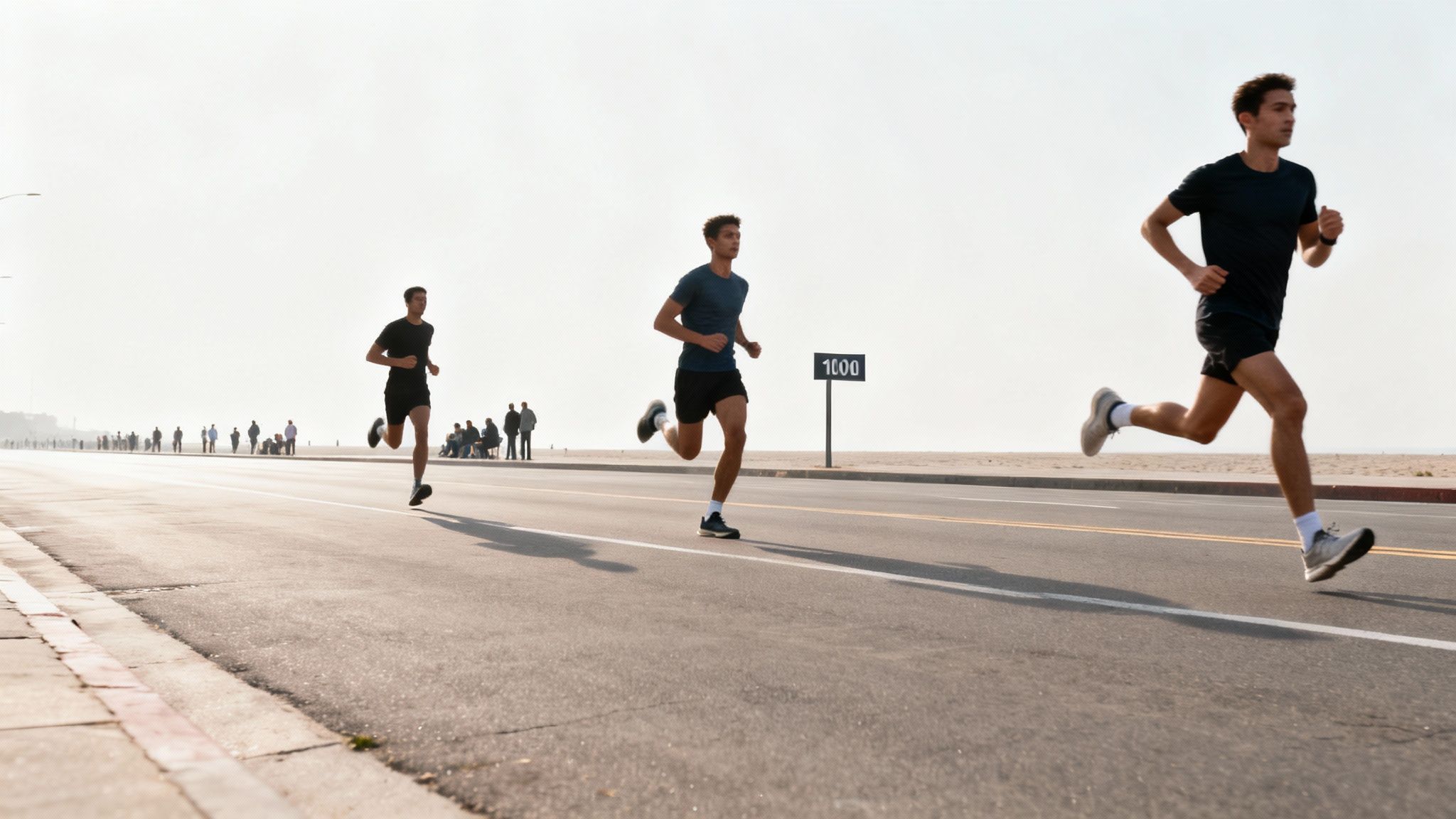Three men running outdoors on a paved road during what appears to be a race.