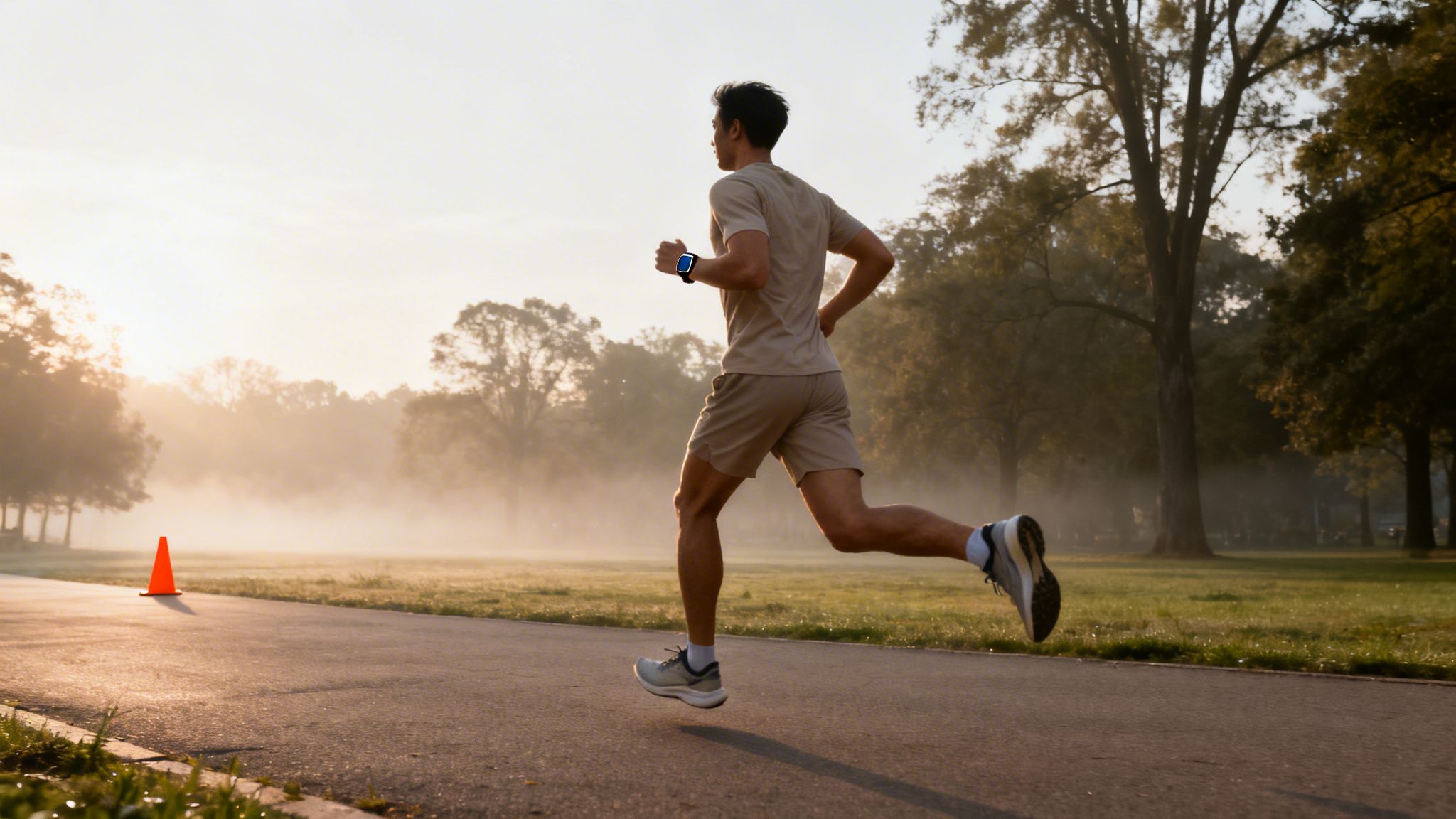 A man runs on a paved path in a misty park at sunrise, wearing a smartwatch.