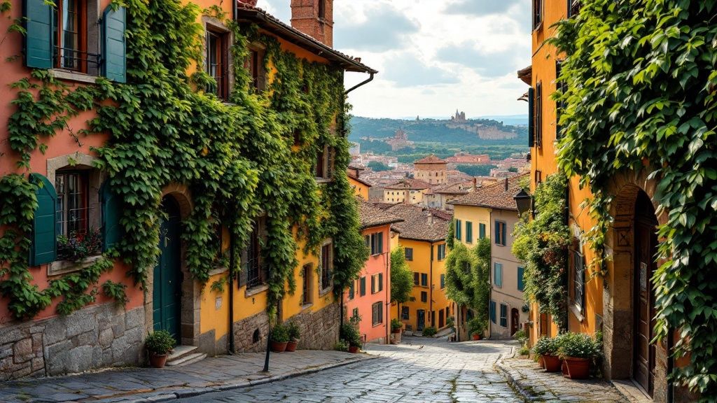 A scenic aerial view of Lucca's historic center, highlighting the unique circular Piazza dell'Anfiteatro and surrounding terracotta rooftops.