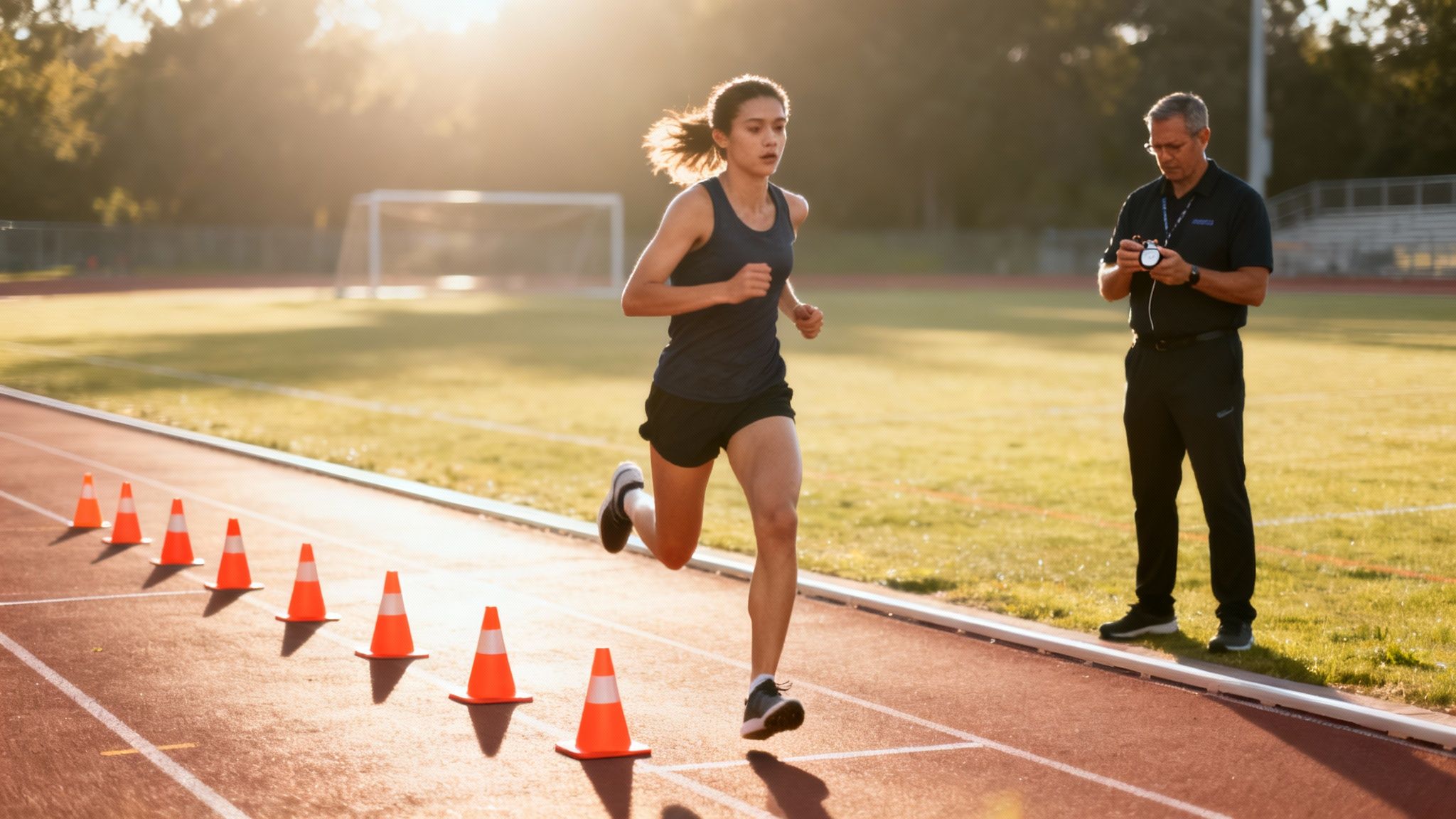 A young woman runs on a track with cones, timed by her coach.