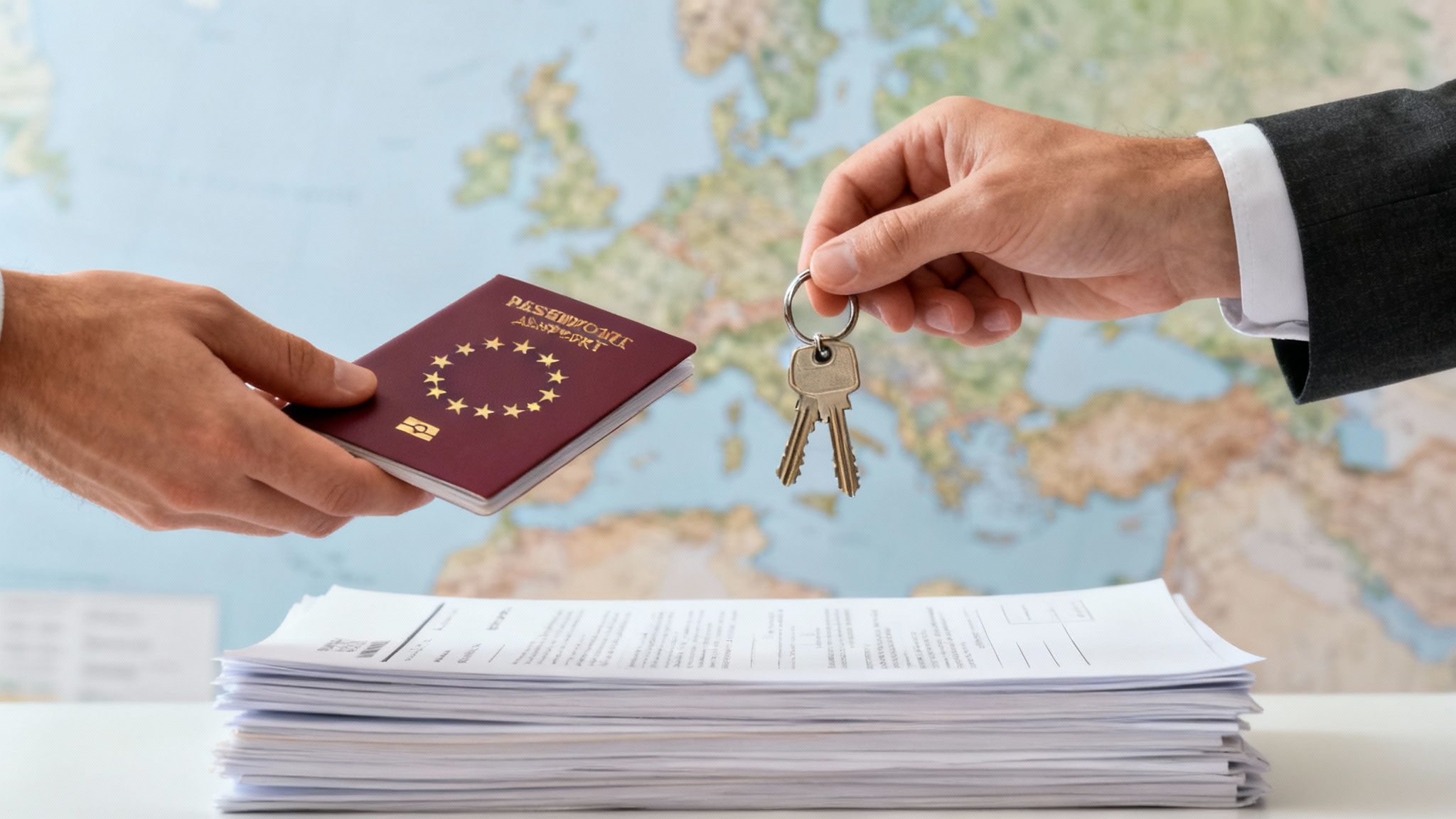 Hands exchanging a European passport and keys over legal documents with a blurred map background.