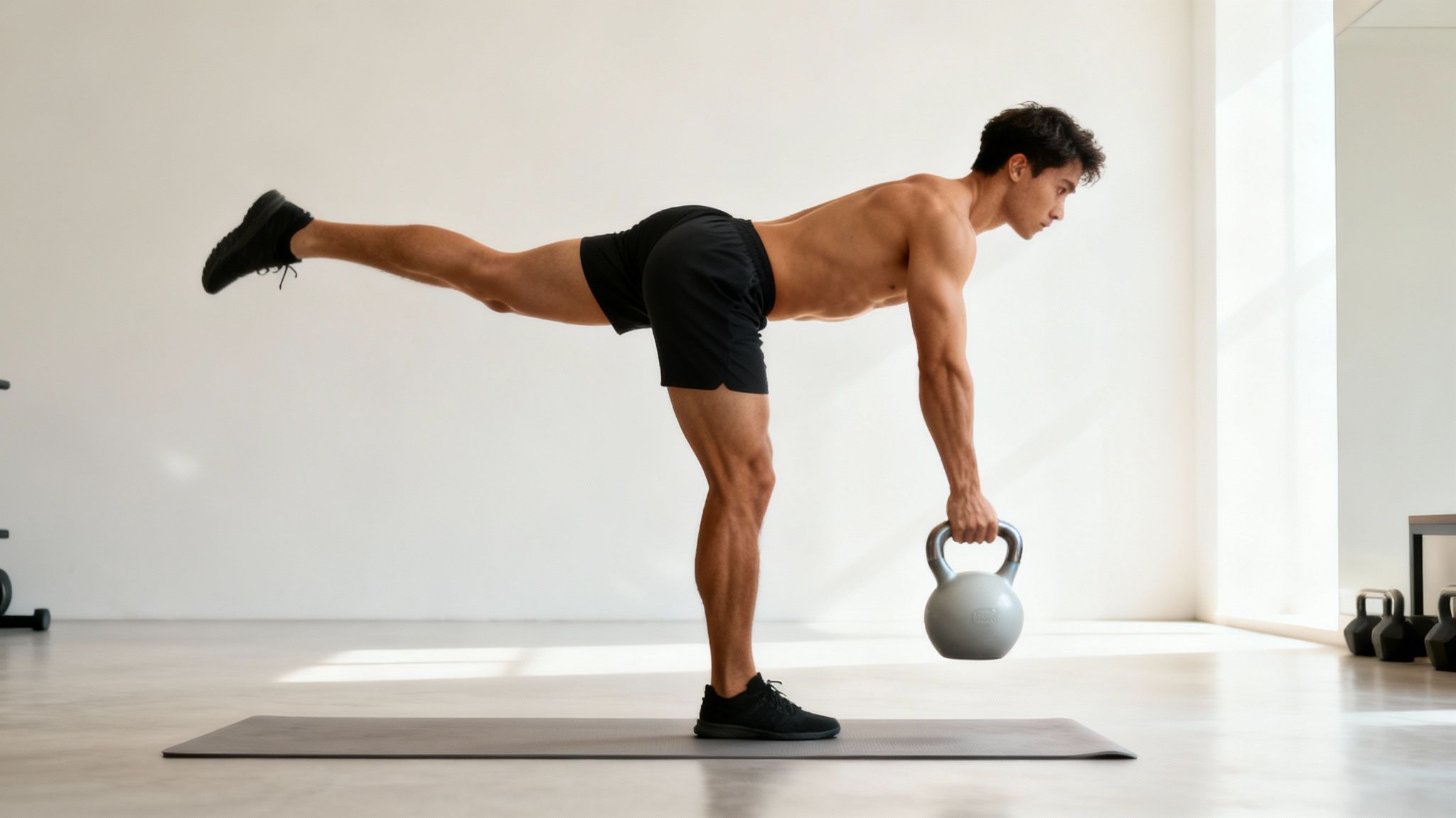 A shirtless man performs a single-leg kettlebell deadlift on a mat in a bright gym.