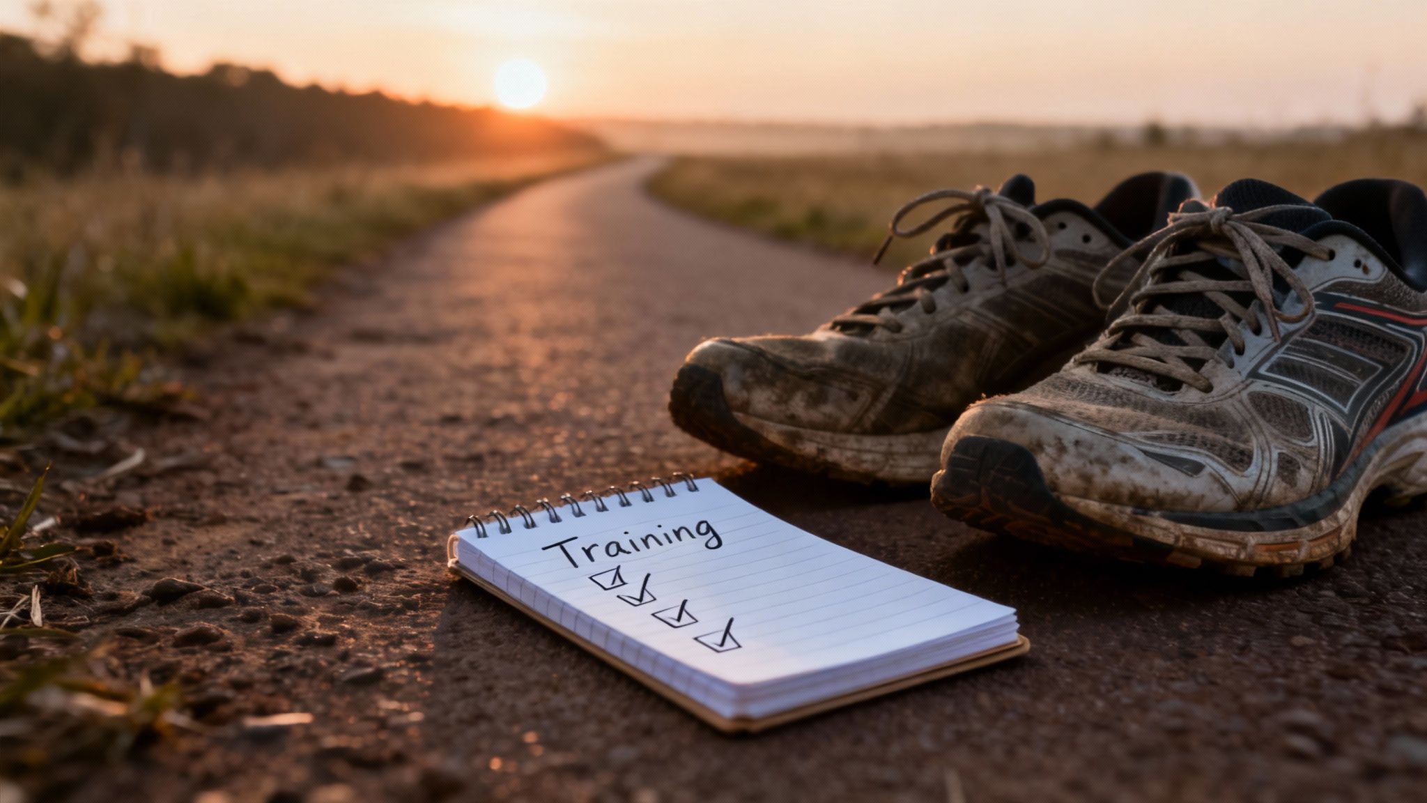 Mud-splattered running shoes and a training checklist on a dirt path at sunrise, signifying exercise.