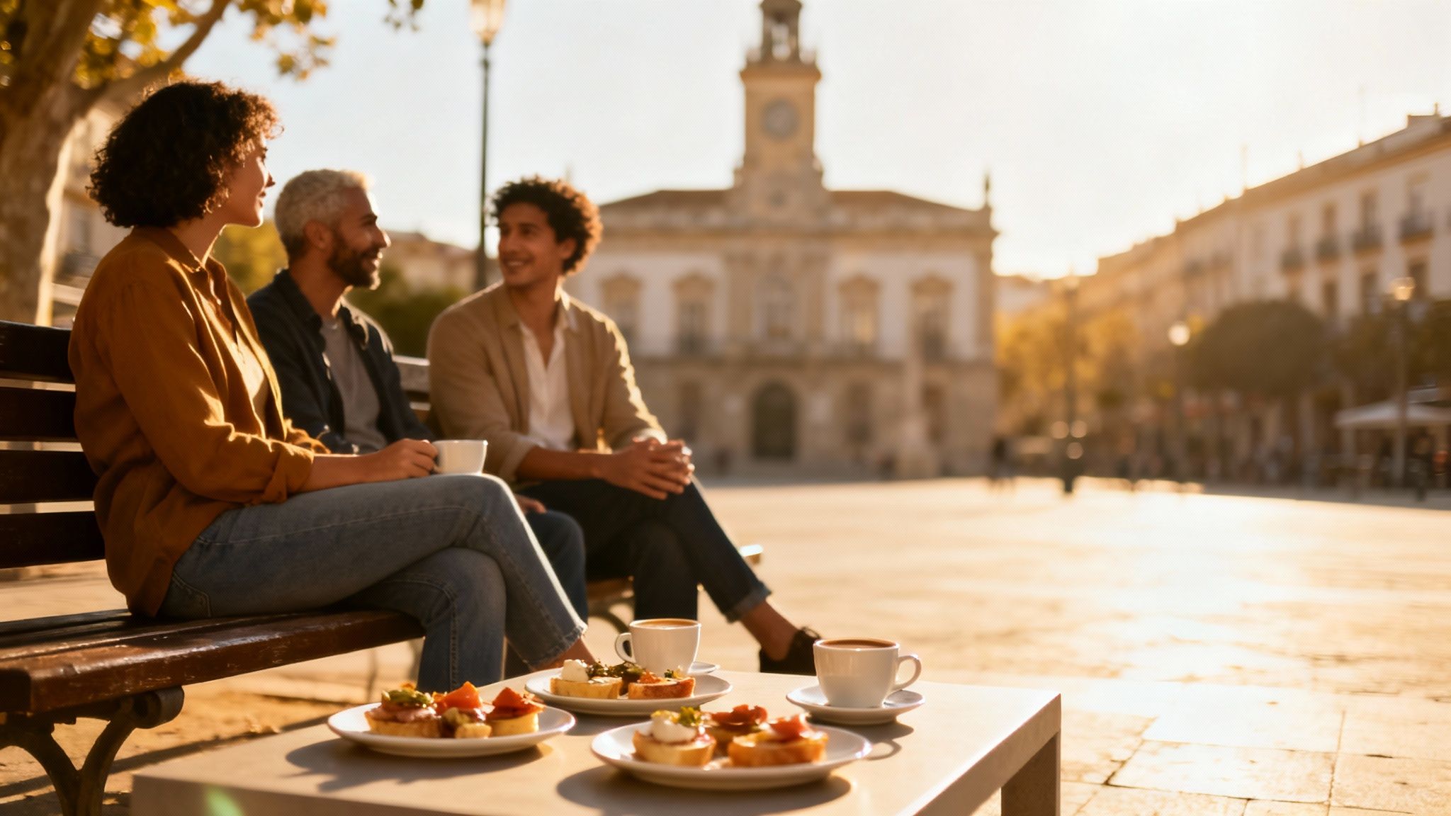 A group of friends laughing and sharing tapas at an outdoor cafe in Spain.