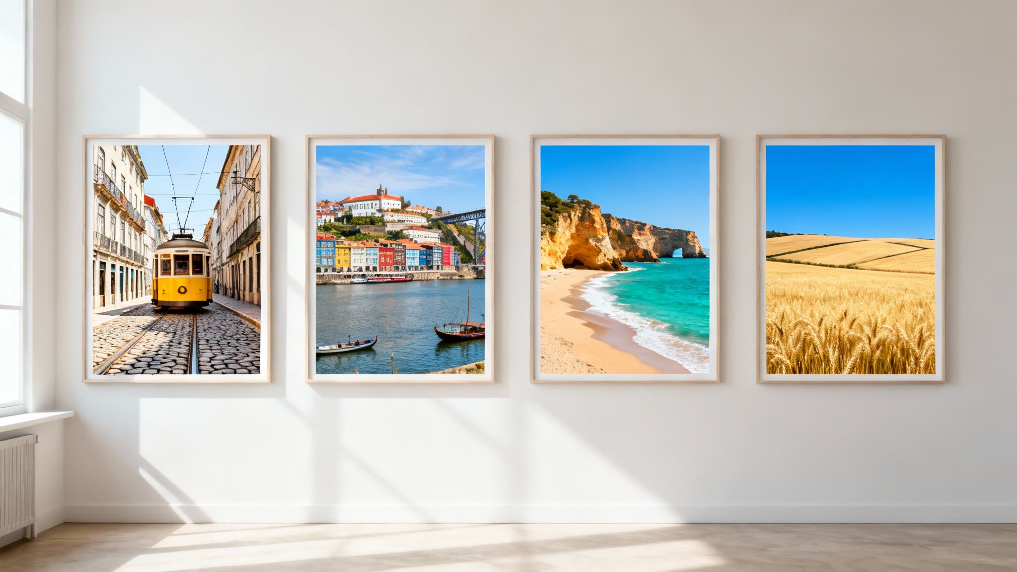 Four framed prints on a white wall showcasing iconic Portuguese landscapes: a Lisbon tram, Porto's riverside, an Algarve beach, and golden wheat fields.
