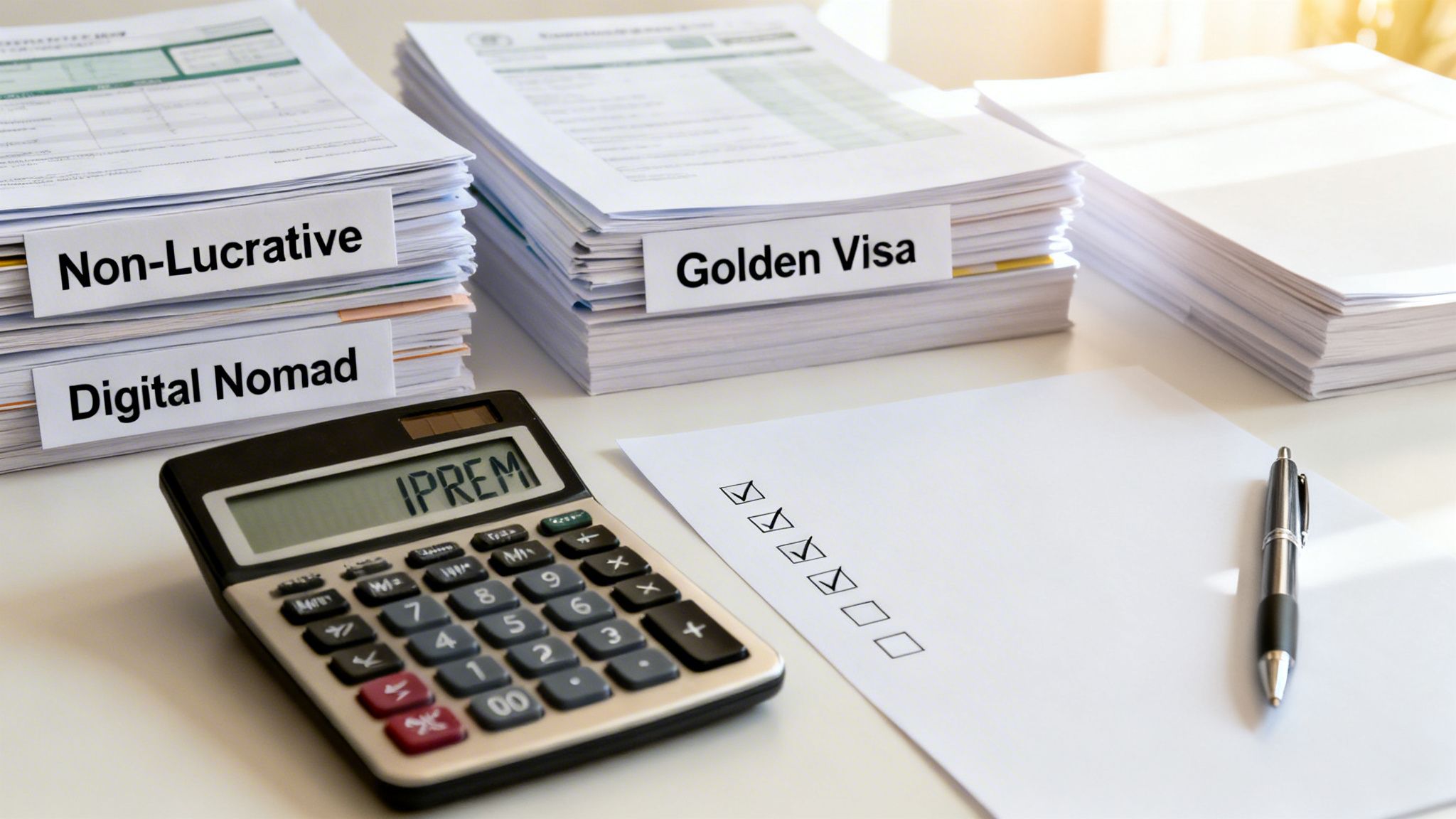 Stacks of documents for Non-Lucrative, Digital Nomad, and Golden Visa applications with a calculator showing IPREM and a checklist.