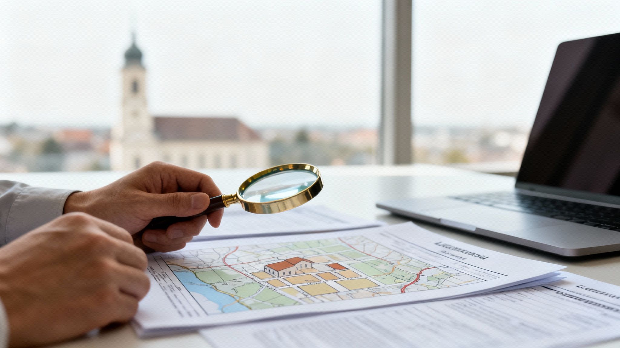 Person examining a land map with a magnifying glass, laptop and city in background.