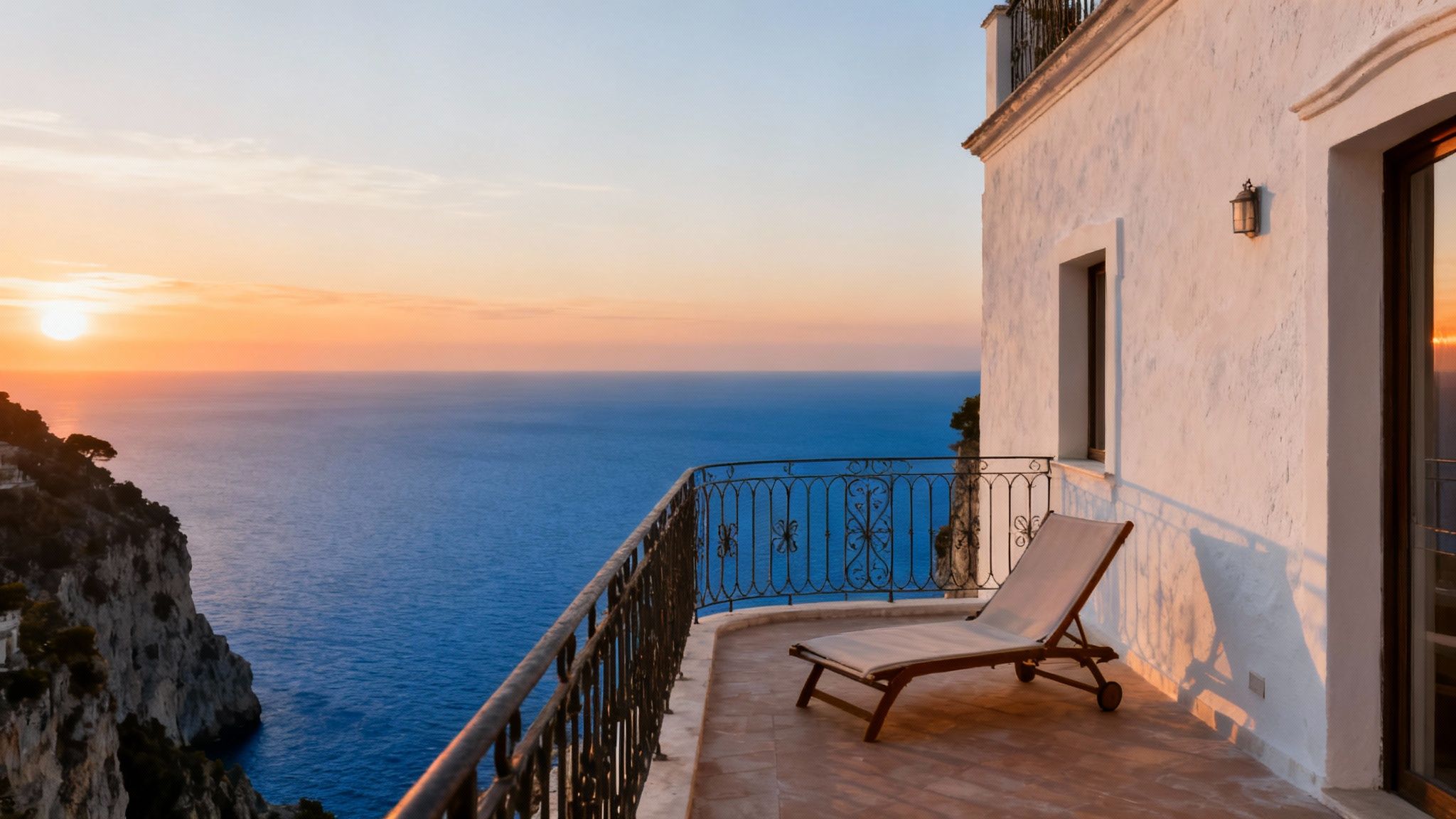 A serene sunset over a blue ocean from a balcony with a lounge chair and a white villa.