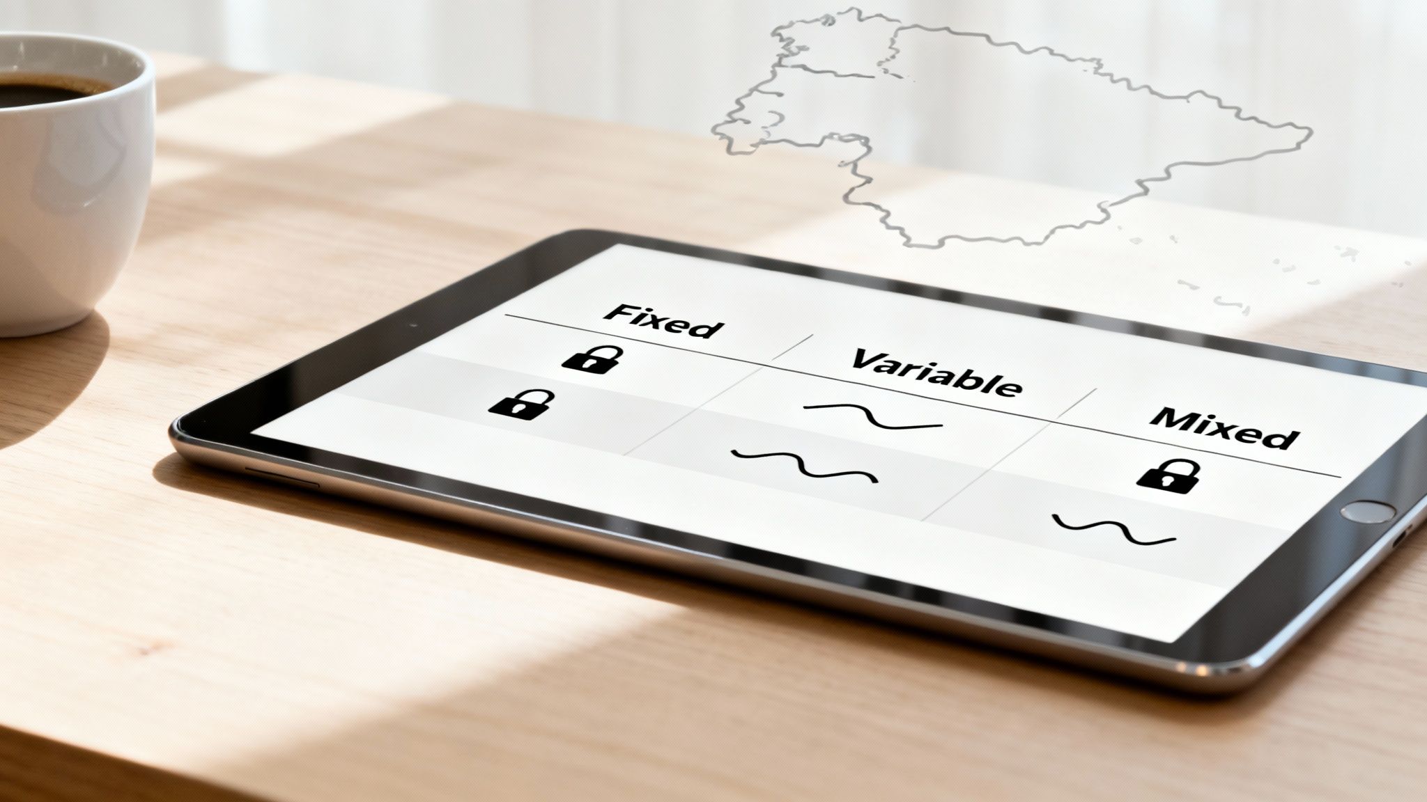 A tablet displays mortgage rate types (fixed, variable, mixed) with icons, next to a coffee cup and a Spain map outline.