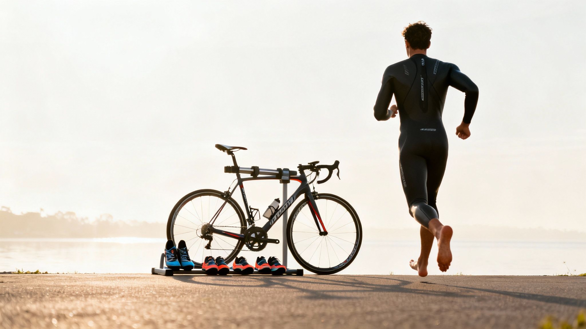 A triathlete in a wetsuit runs barefoot past a bicycle and running shoes by the water.