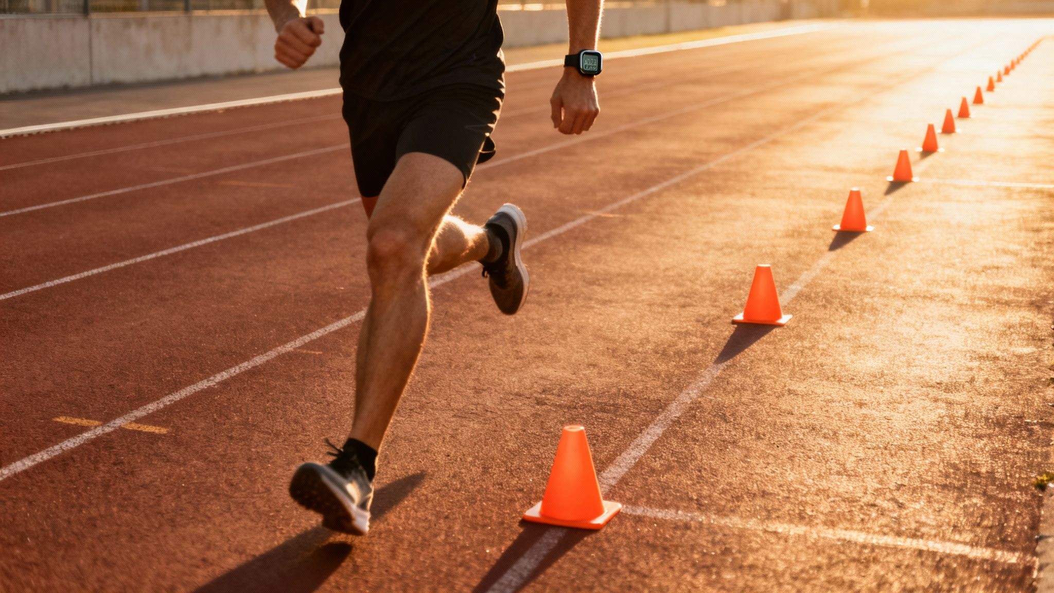 A male runner in a black outfit training on a track with orange cones at sunset.