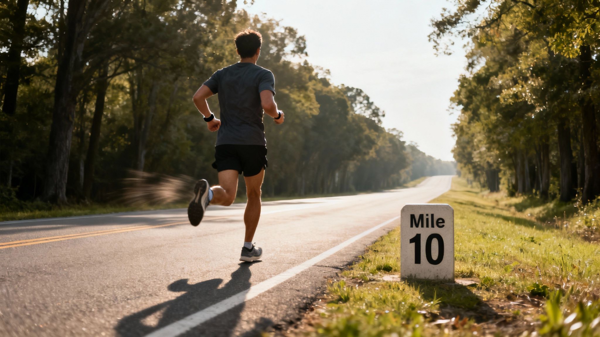 A man running on a scenic road, passing a 'Mile 10' marker during his long-distance training.