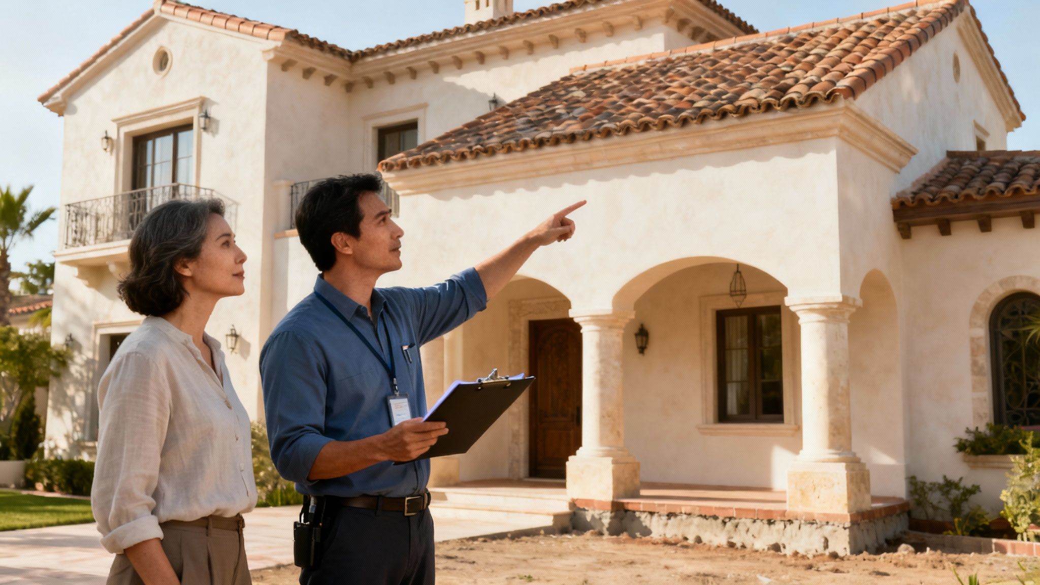 Property inspector pointing at the roof of a large house for a client.