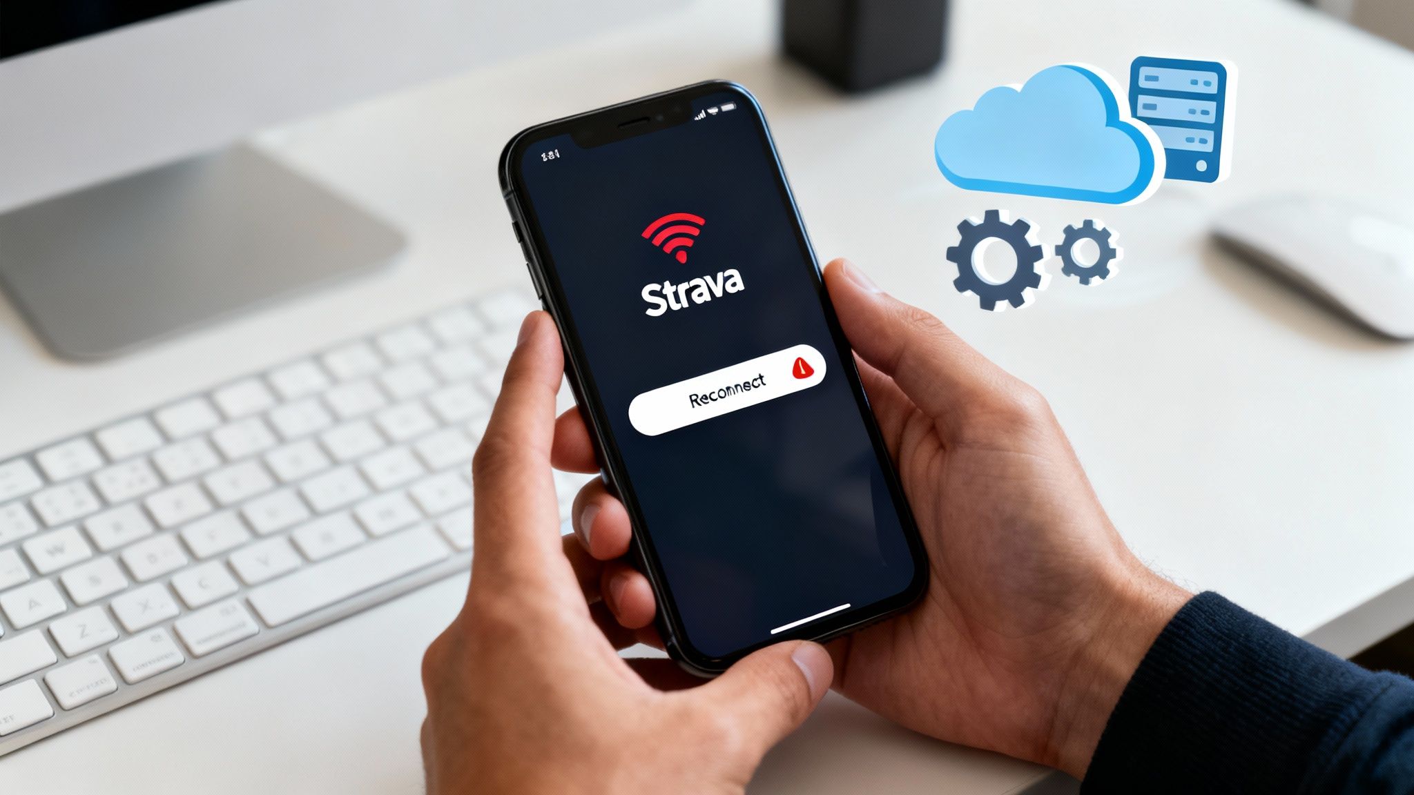 Hands hold phone displaying Strava app reconnect error, with cloud, server, and data processing icons.