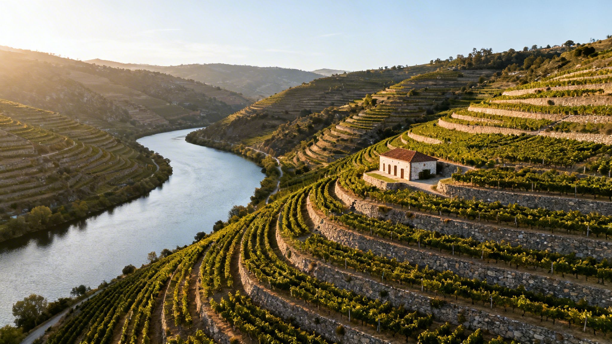 Panoramic view of terraced vineyards along a winding river with a small building at sunset.