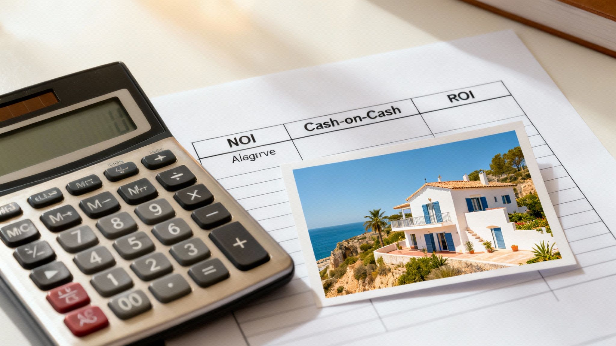 Calculator, document with financial terms like NOI and ROI, and a photo of a coastal house, symbolizing property investment analysis.