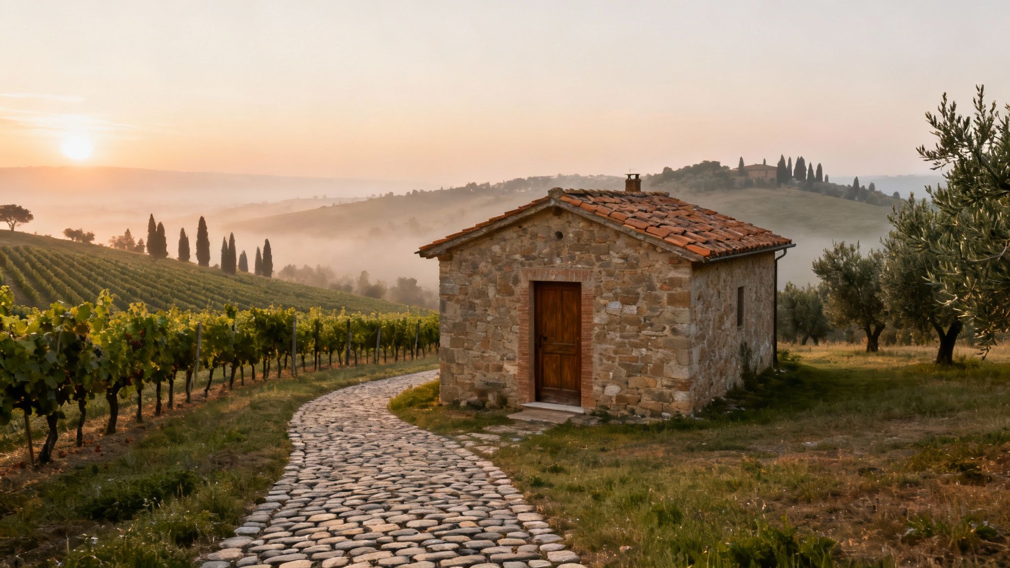 A charming stone house in a vineyard with cypress trees and misty hills at sunrise.