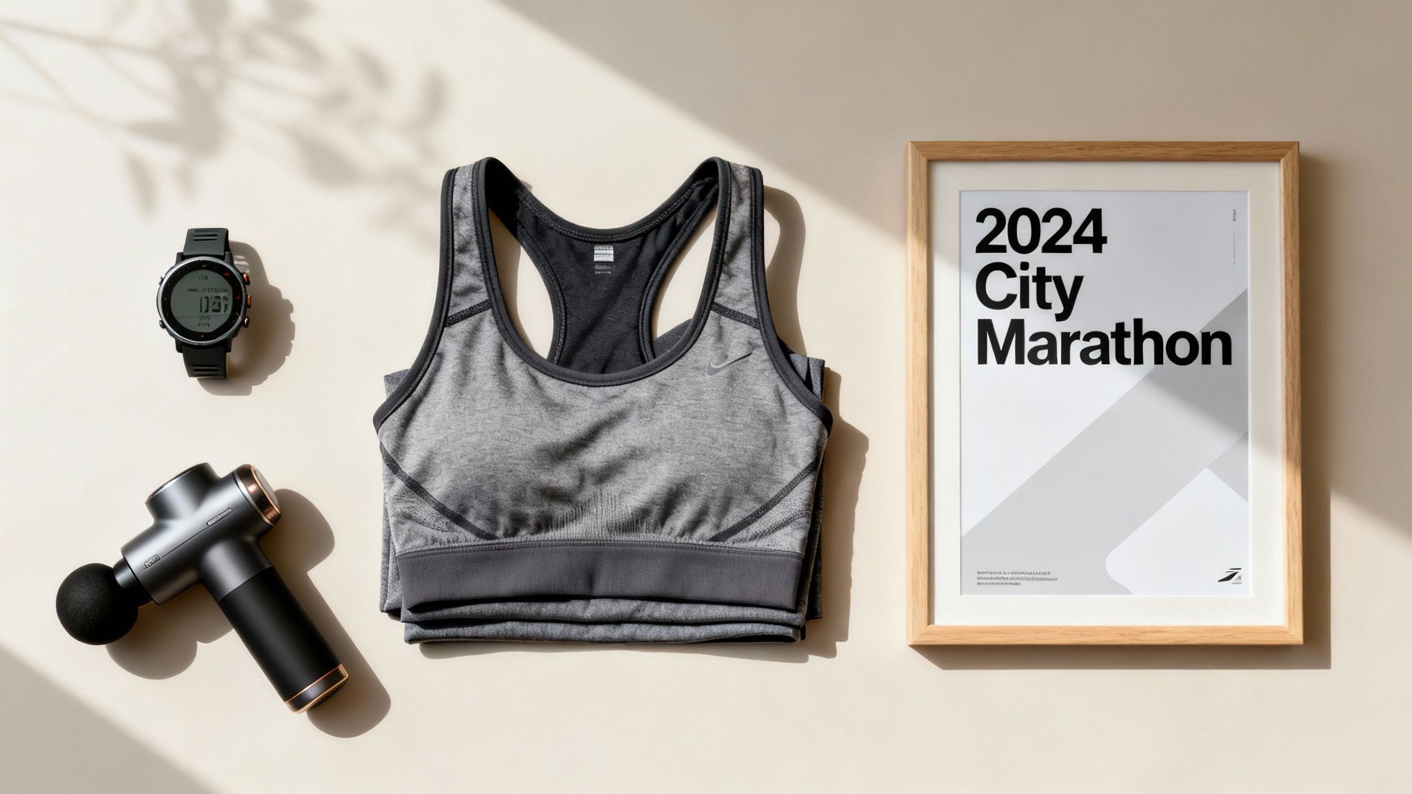 A flat lay of running essentials: a grey sports bra, fitness watch, massage gun, and a '2024 City Marathon' poster.