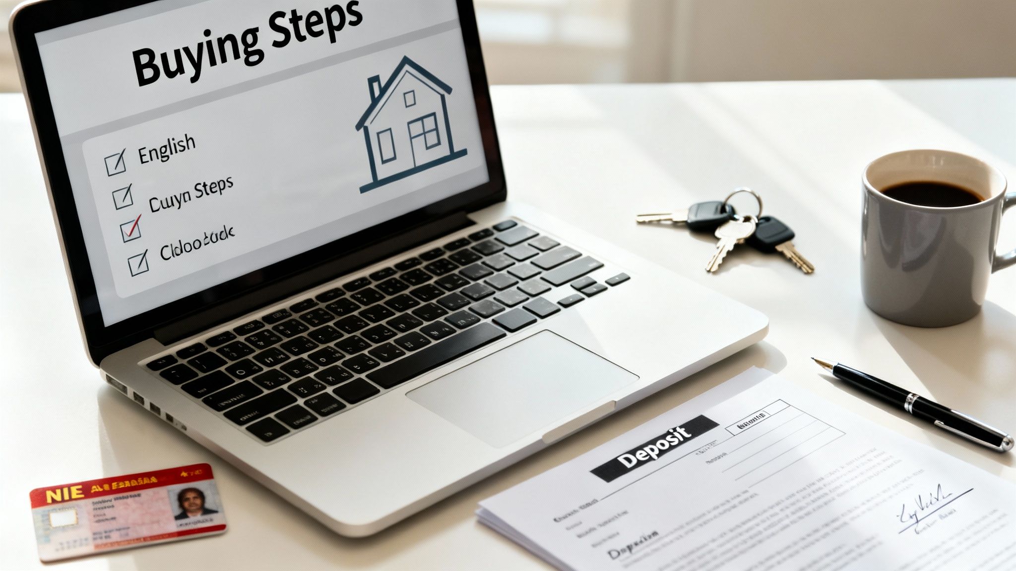 A desk with a laptop showing real estate buying steps, keys, coffee, a deposit form, and a Spanish NIE card.