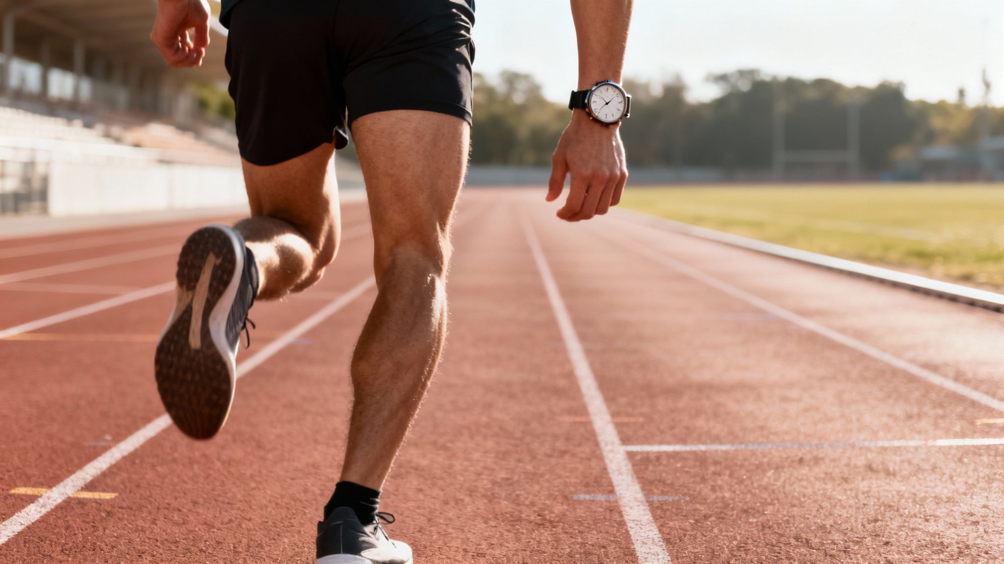 A runner on a red track with a watch on their wrist, during a training session.