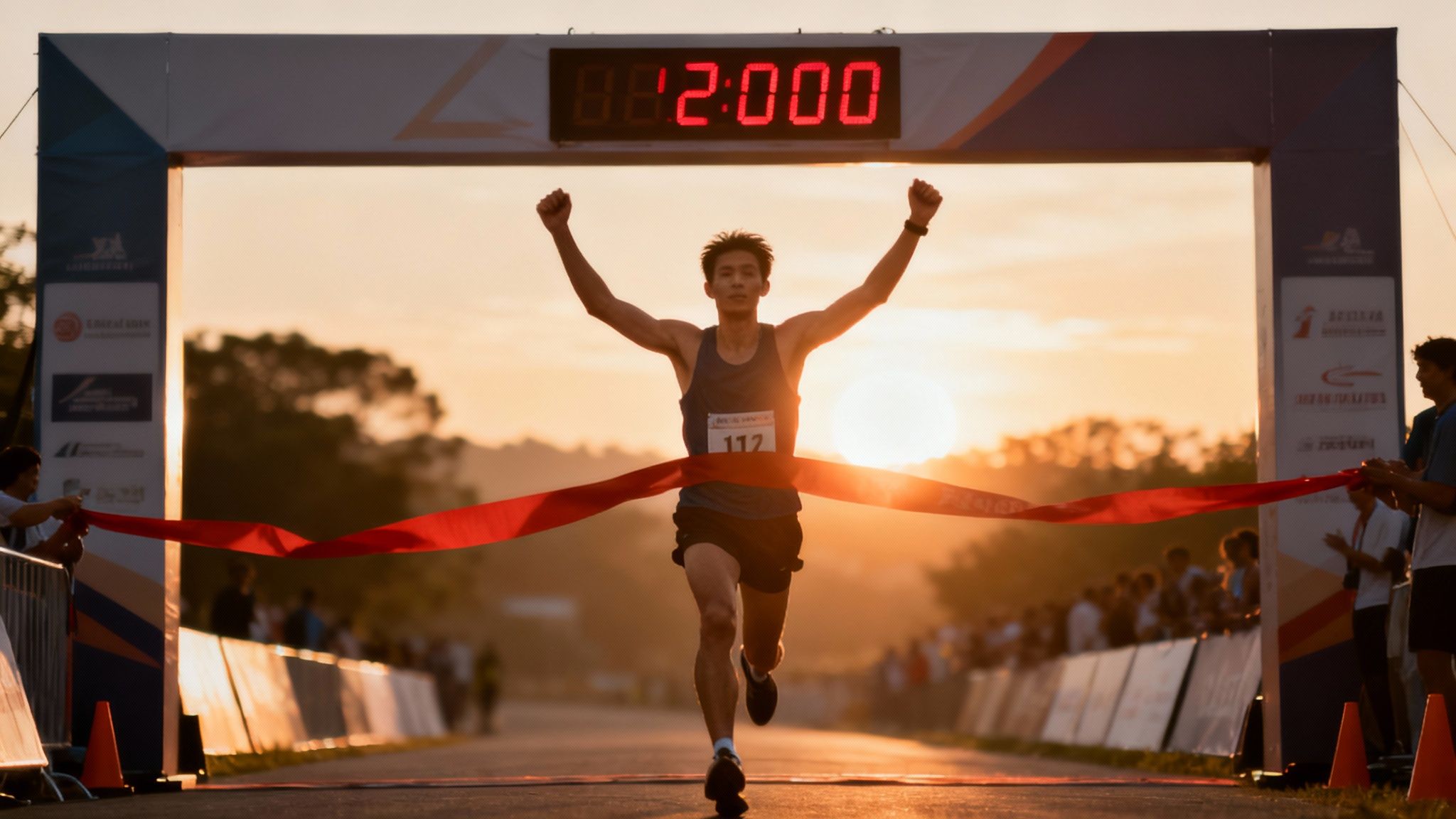 Male runner with bib 112 crosses finish line, arms raised, breaking red ribbon at sunset.