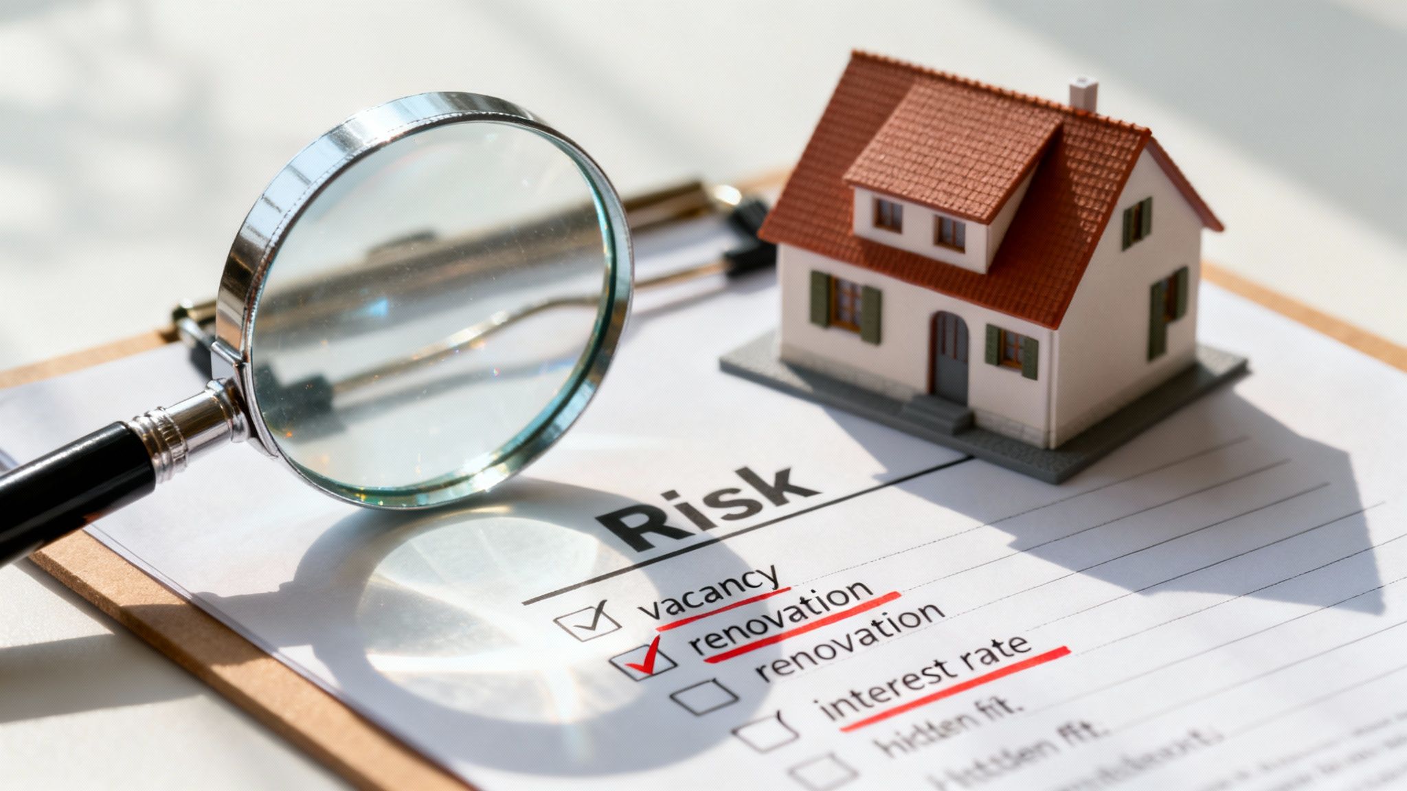 A magnifying glass and model house on a risk checklist, highlighting renovation concerns for property investment.