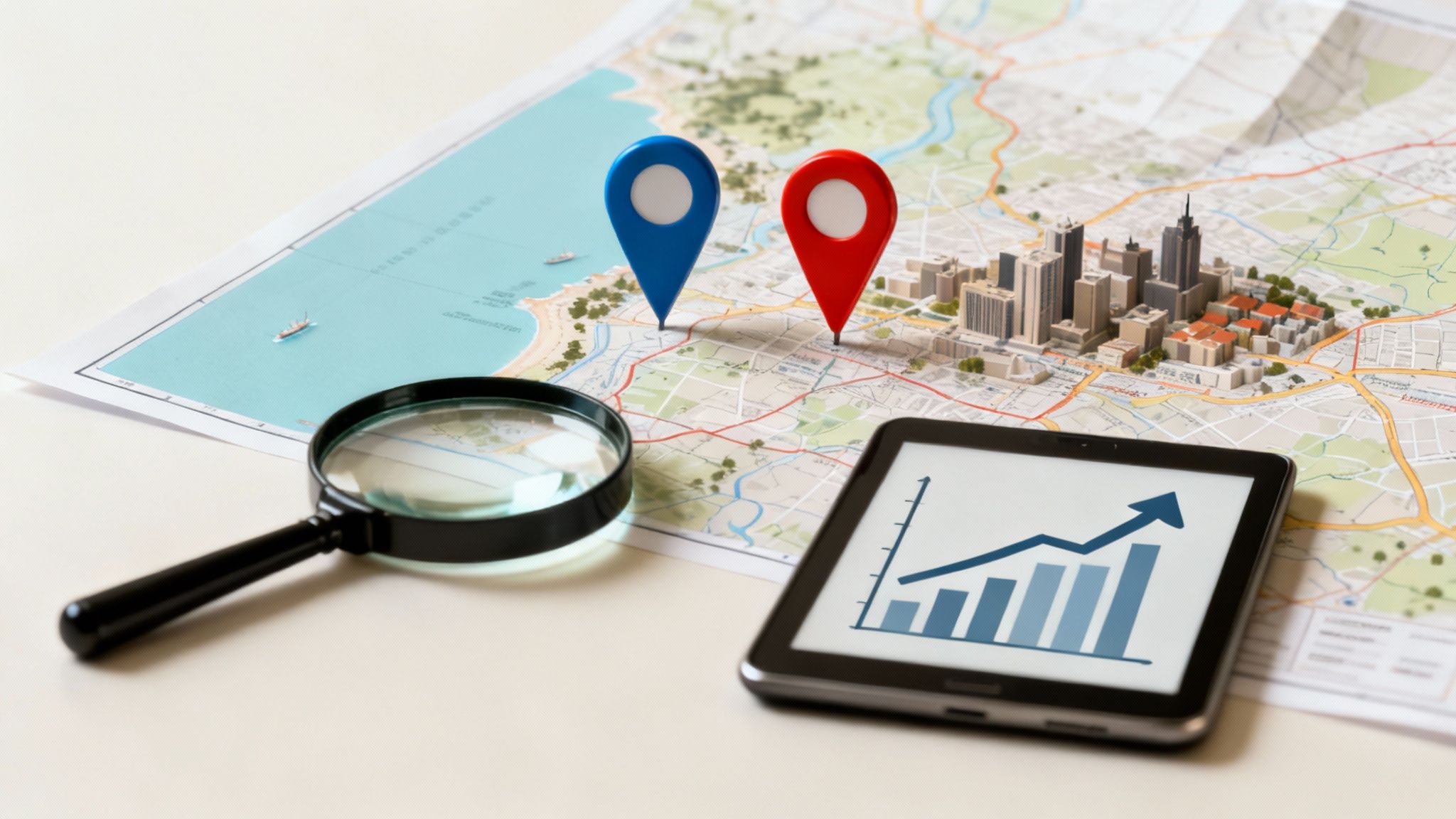 A person using a laptop to analyze charts and maps, symbolizing real estate market analysis.