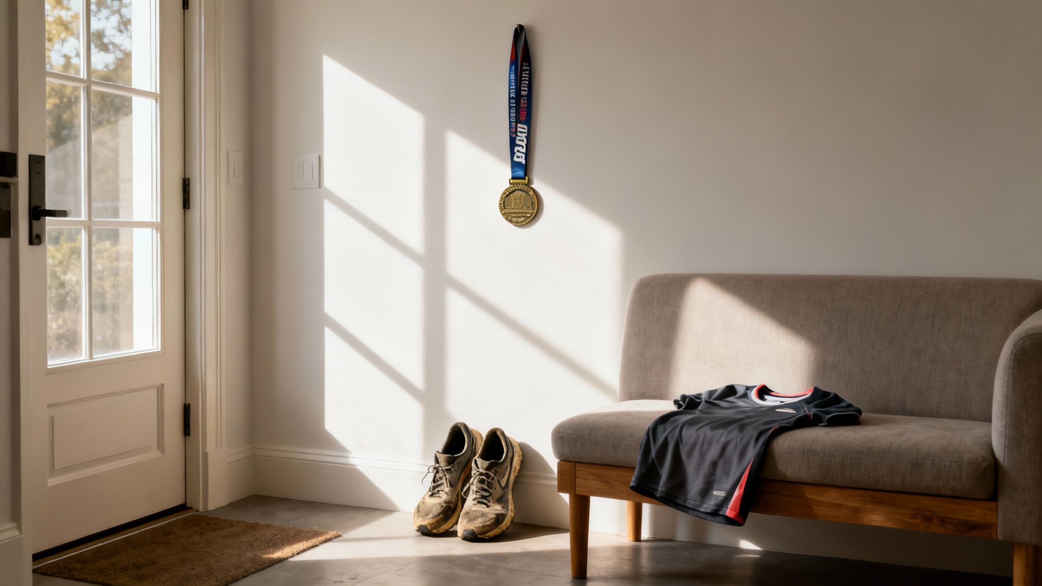 A running medal, dirty shoes, and a black shirt next to a couch, illuminated by sunlight.