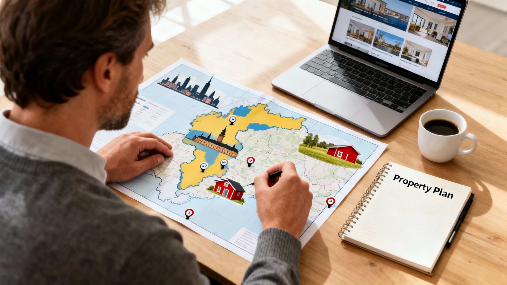 Man planning property investments on a map, viewing real estate listings on a laptop.