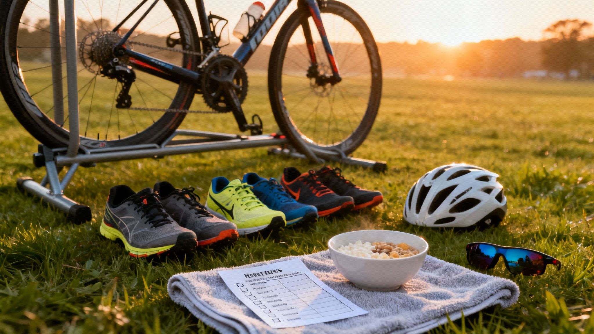 Athletic gear including a bike, running shoes, helmet, and breakfast on grass at sunrise.