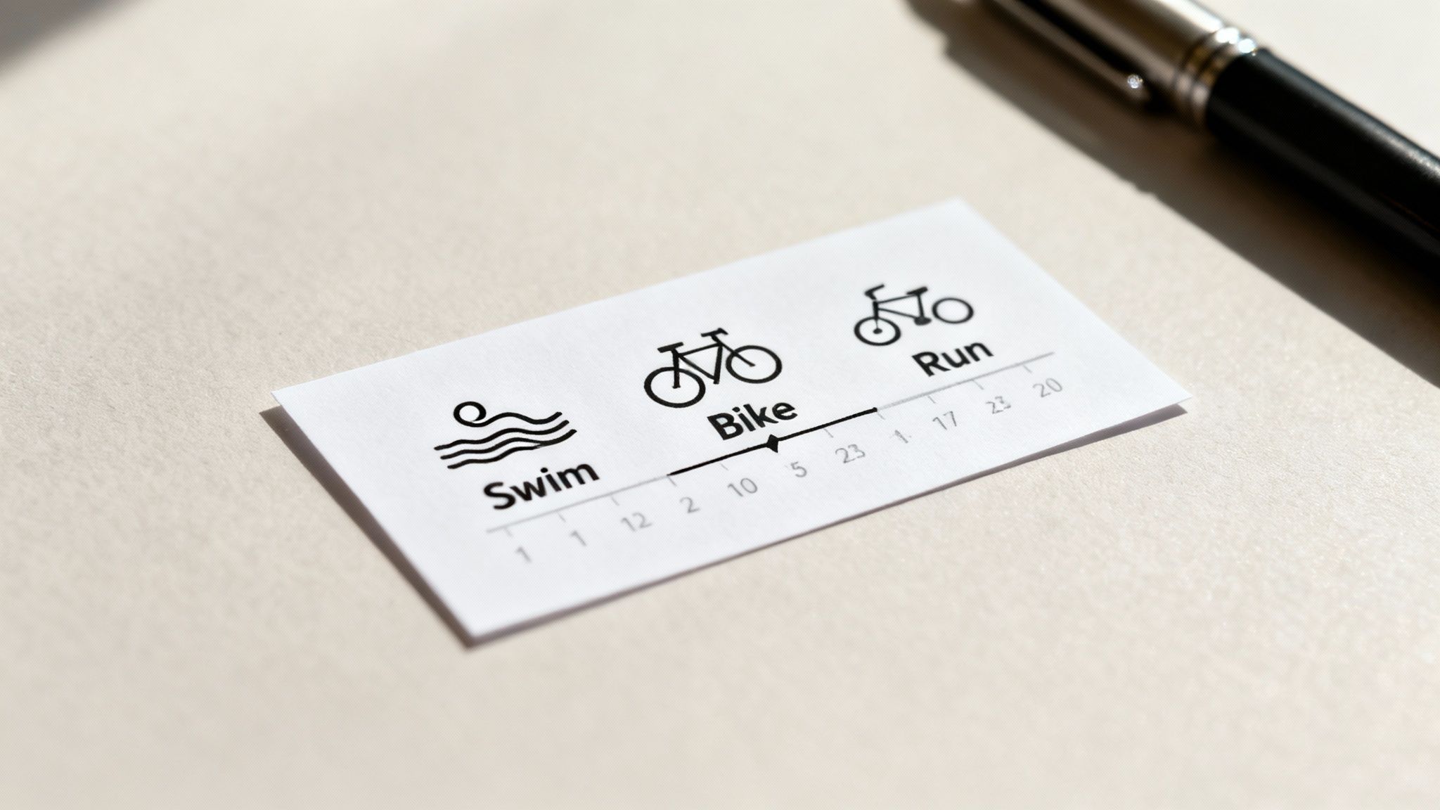 A small card showing triathlon activities (Swim, Bike, Run) with icons and numerical data on a desk next to a pen.