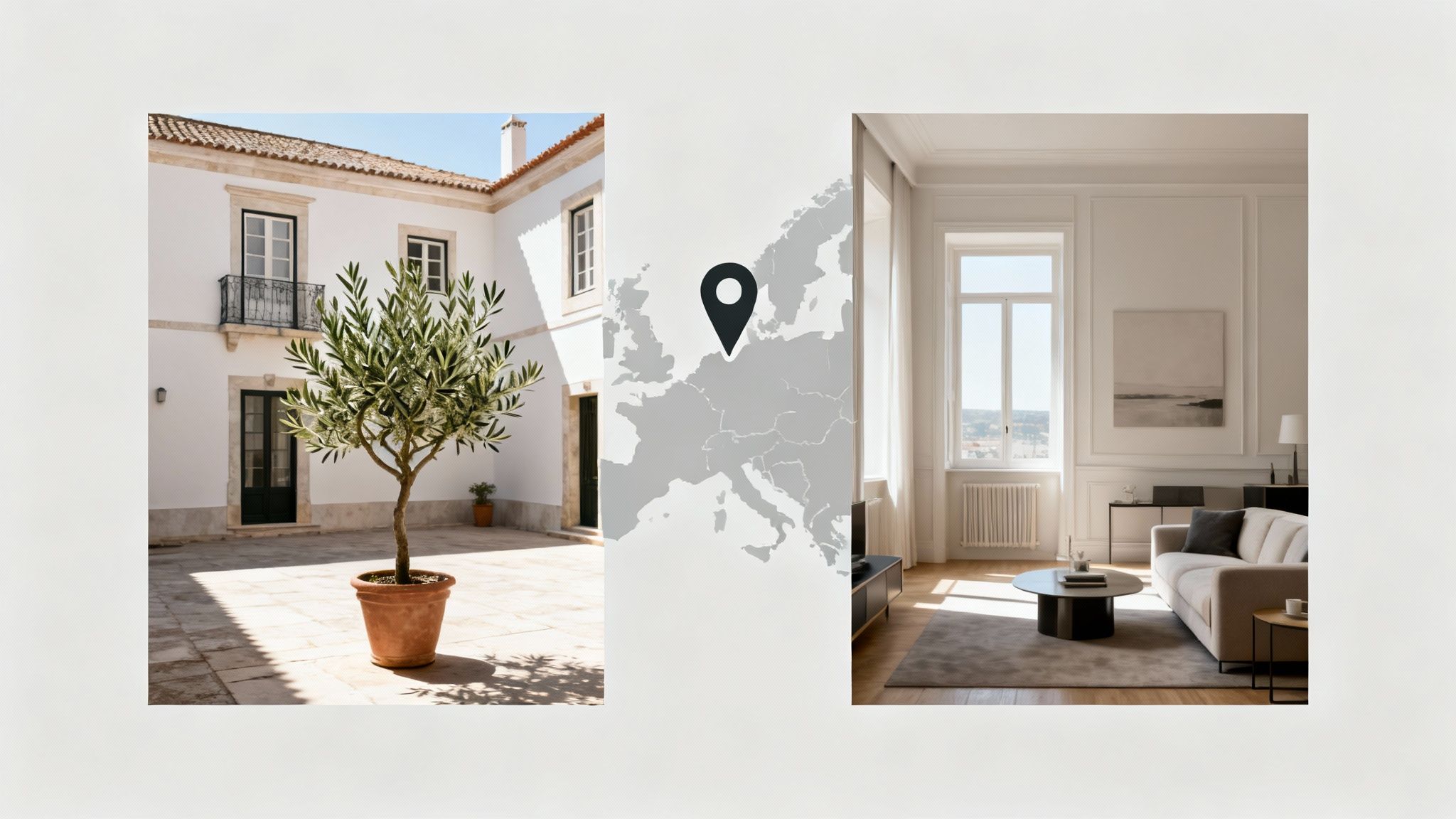 A traditional courtyard property and a modern European apartment, connected by a map and a location pin.