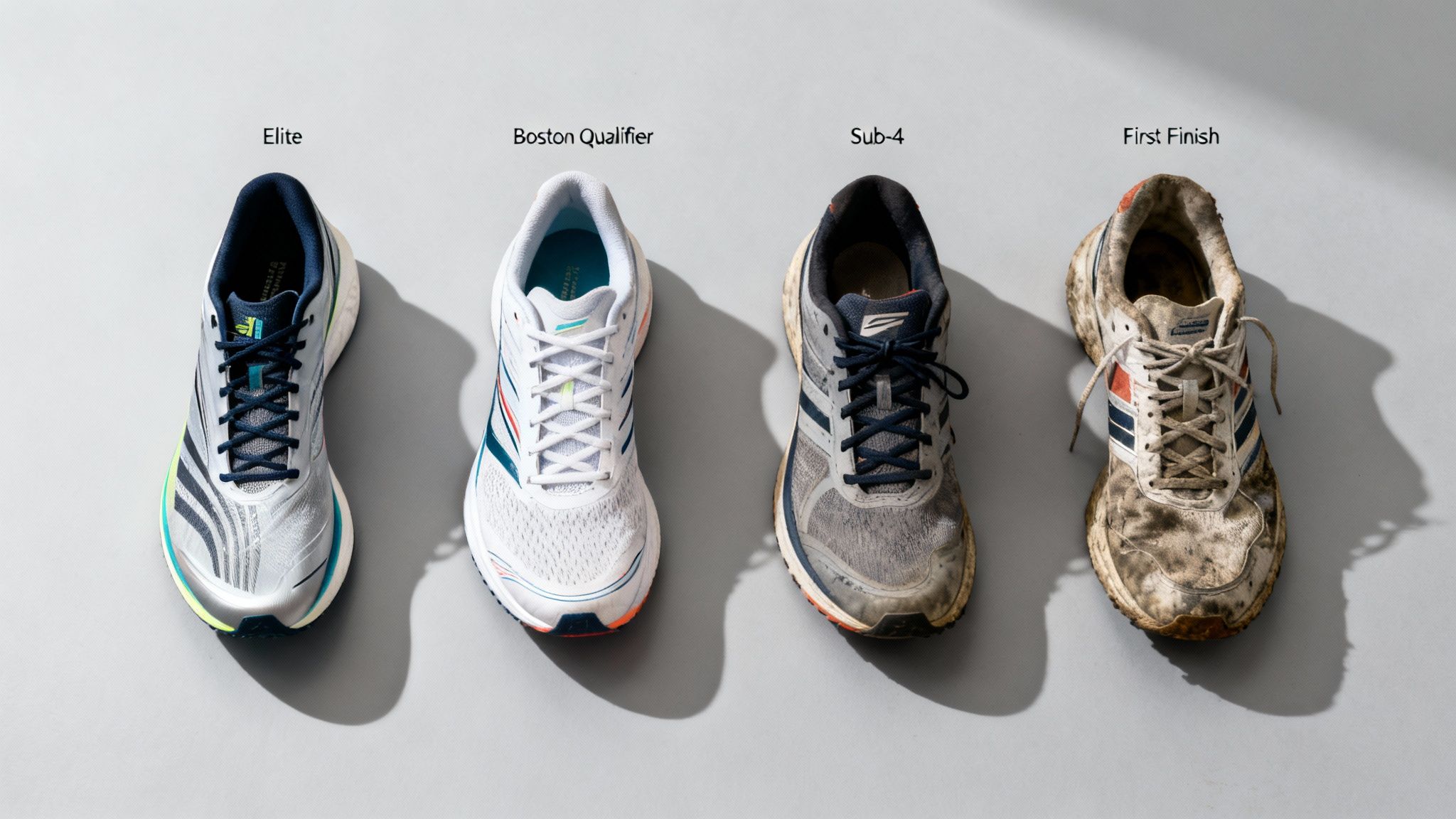 Four running shoes, labeled Elite, Boston Qualifier, Sub-4, and First Finish, showing increasing wear.