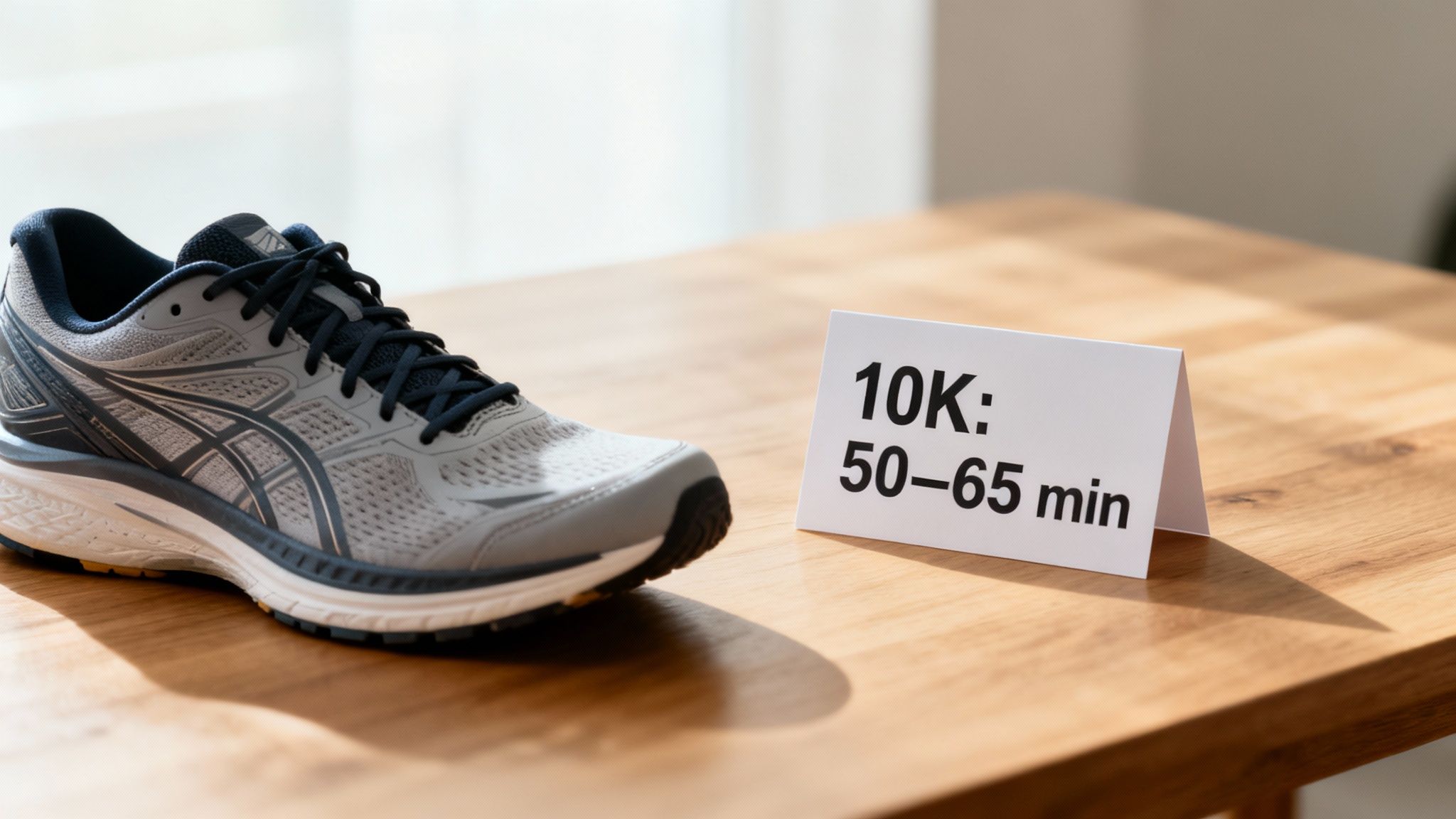 A grey running shoe is displayed next to a white card with '10K: 50–65 min' on a wooden table.