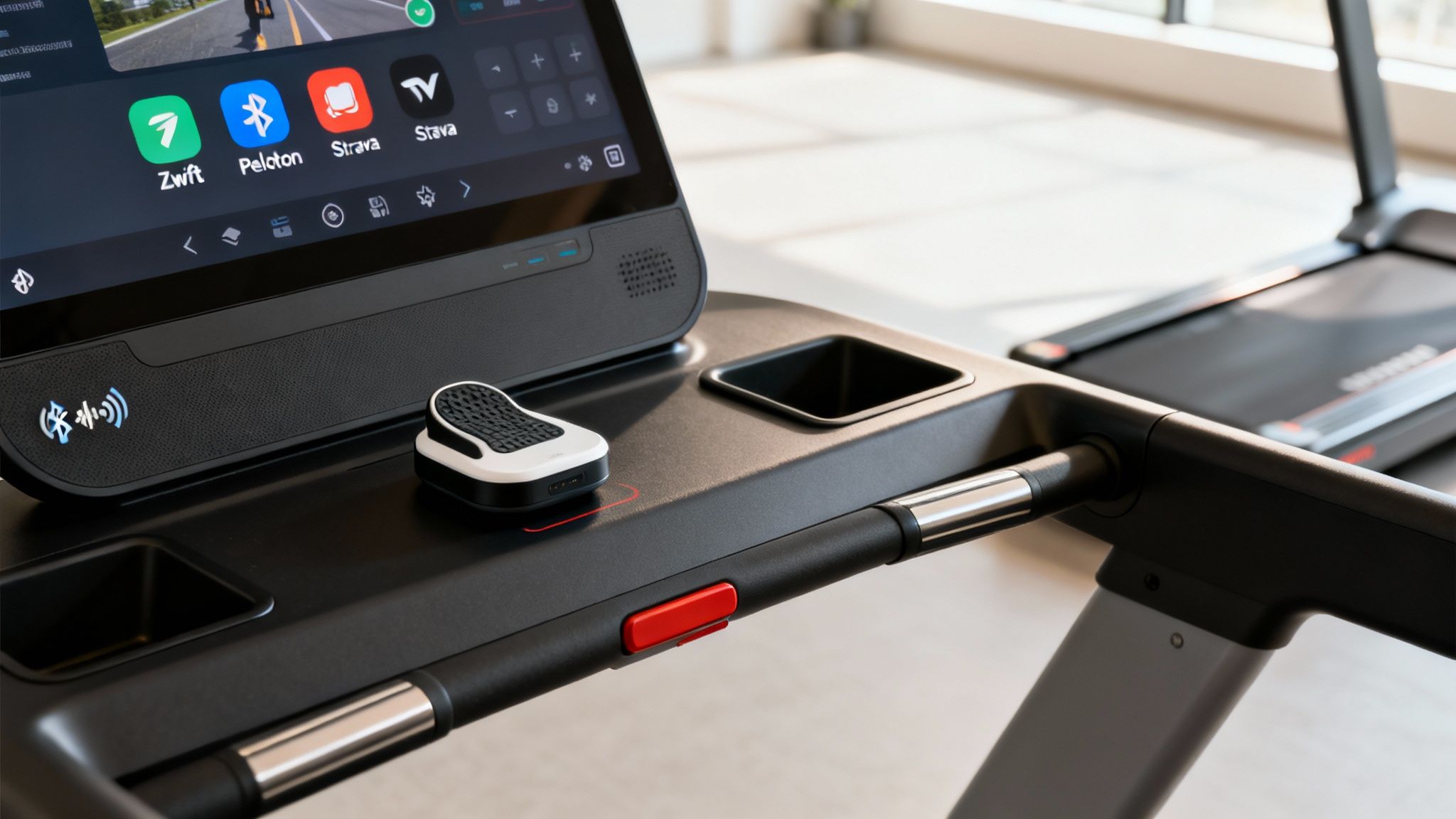 A close-up of a smart treadmill console displaying popular fitness apps like Strava, Zwift, and Peloton.