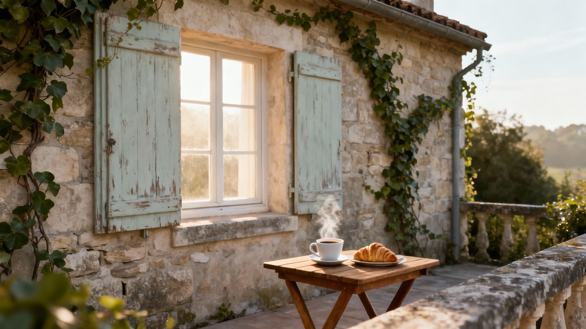A cozy French stone house with green shutters, a steaming coffee, and croissant on a sunny patio.