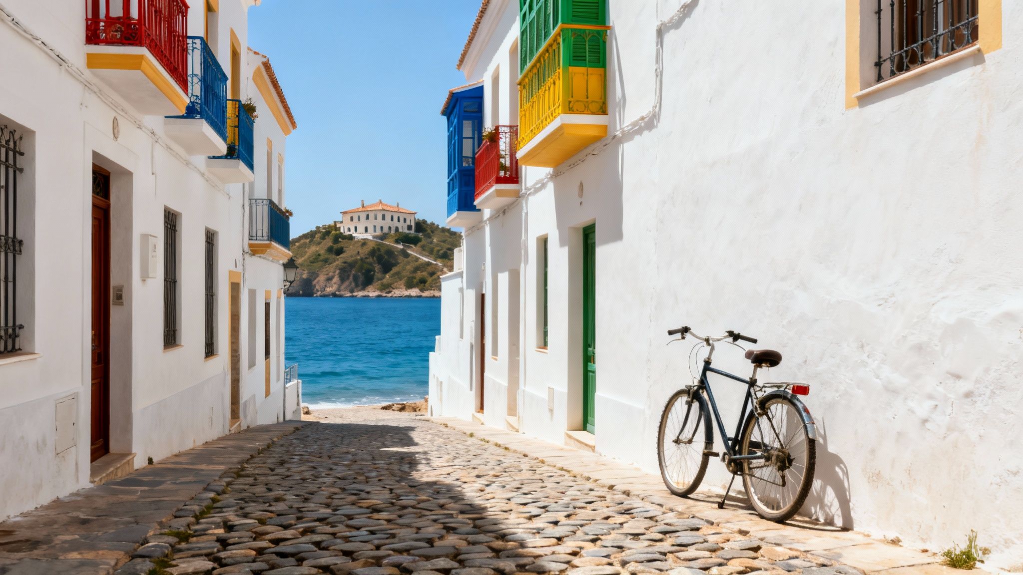 Cobblestone street in a white-washed coastal town, with colorful balconies and a bicycle, leading to the sea.