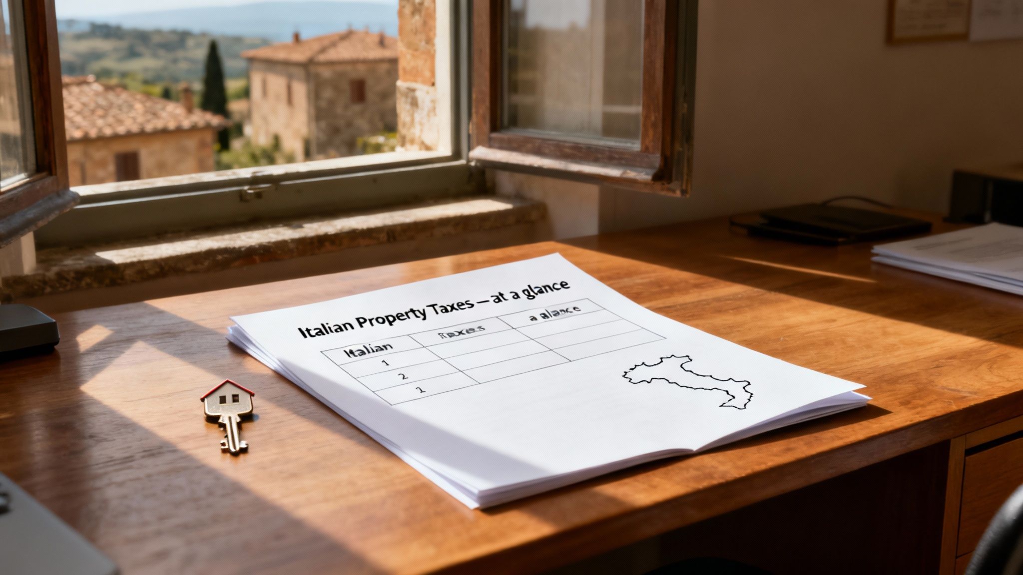 A document titled 'Italian Property Taxes' on a wooden desk, next to a house-shaped key, with a Tuscan landscape visible through an open window.